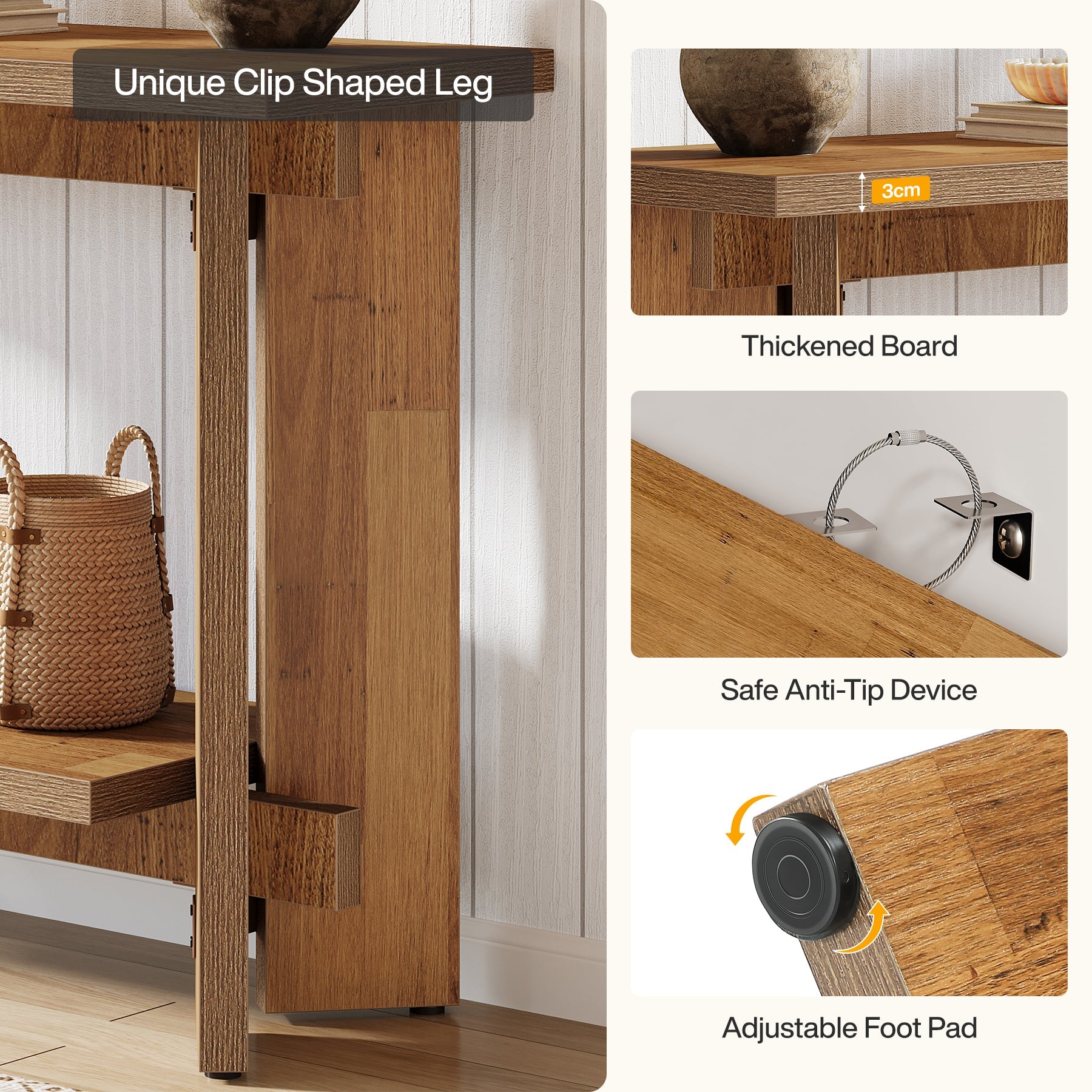 Tribesigns Console de style campagnard de 105 cm avec étagère, Table basse étroite pour salon et entrée