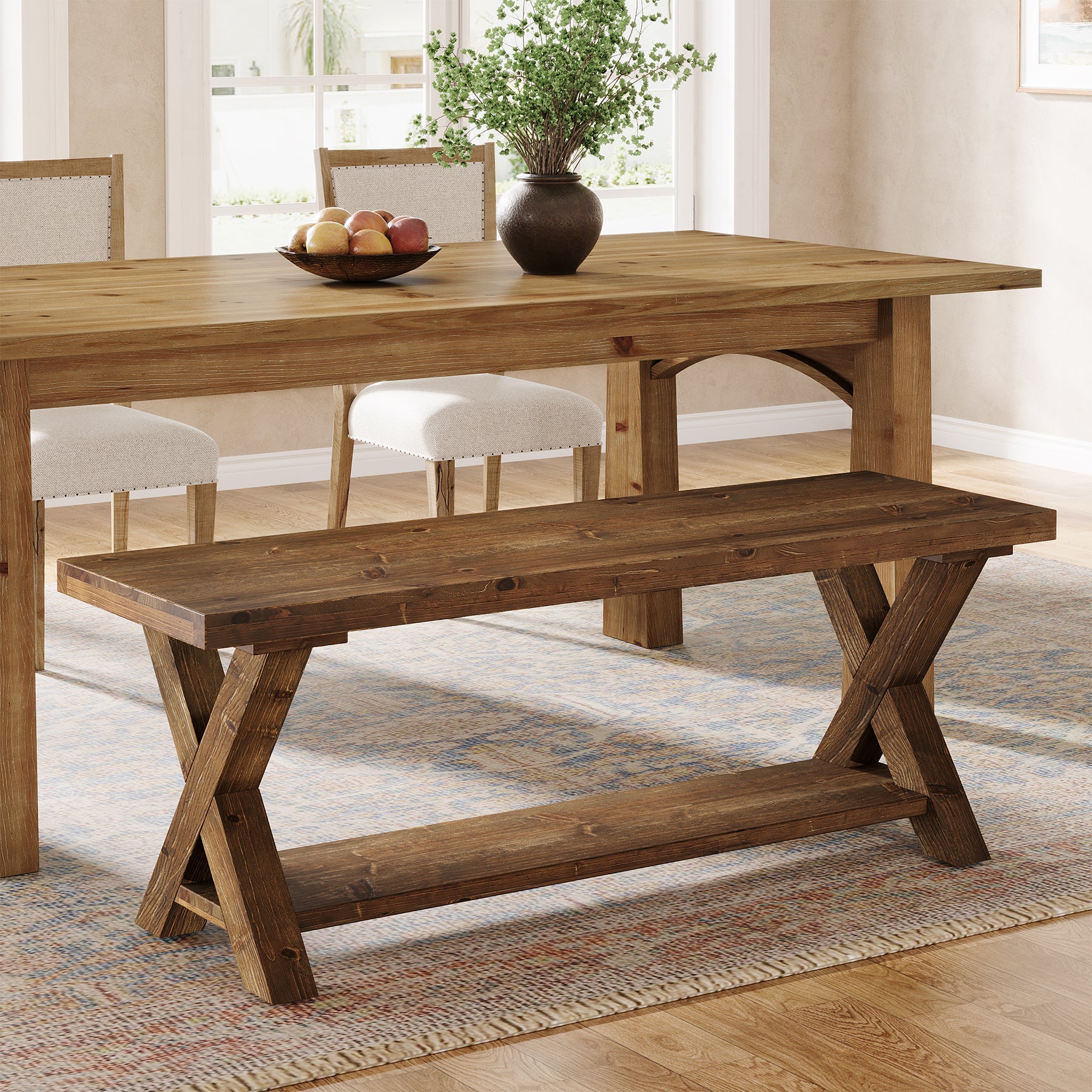 Tribesigns Banc en bois massif de 110 cm avec compartiment de rangement, Banc à chaussures de style campagnard avec structure en X, couleur marron