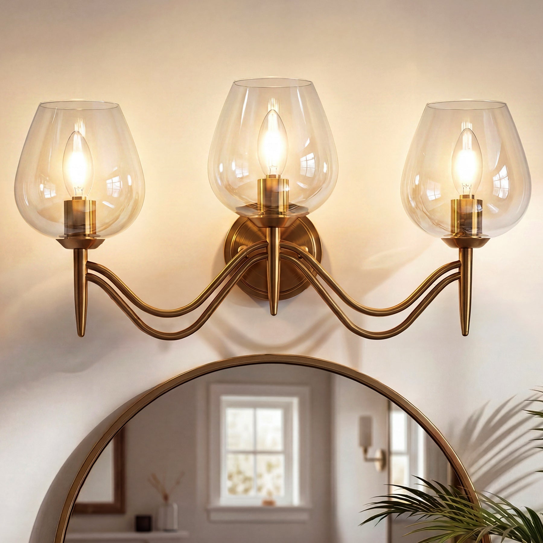 Applique murale de salle de bain à 3 lumières 58 cm en laiton avec miroir et verre transparent, douille E14