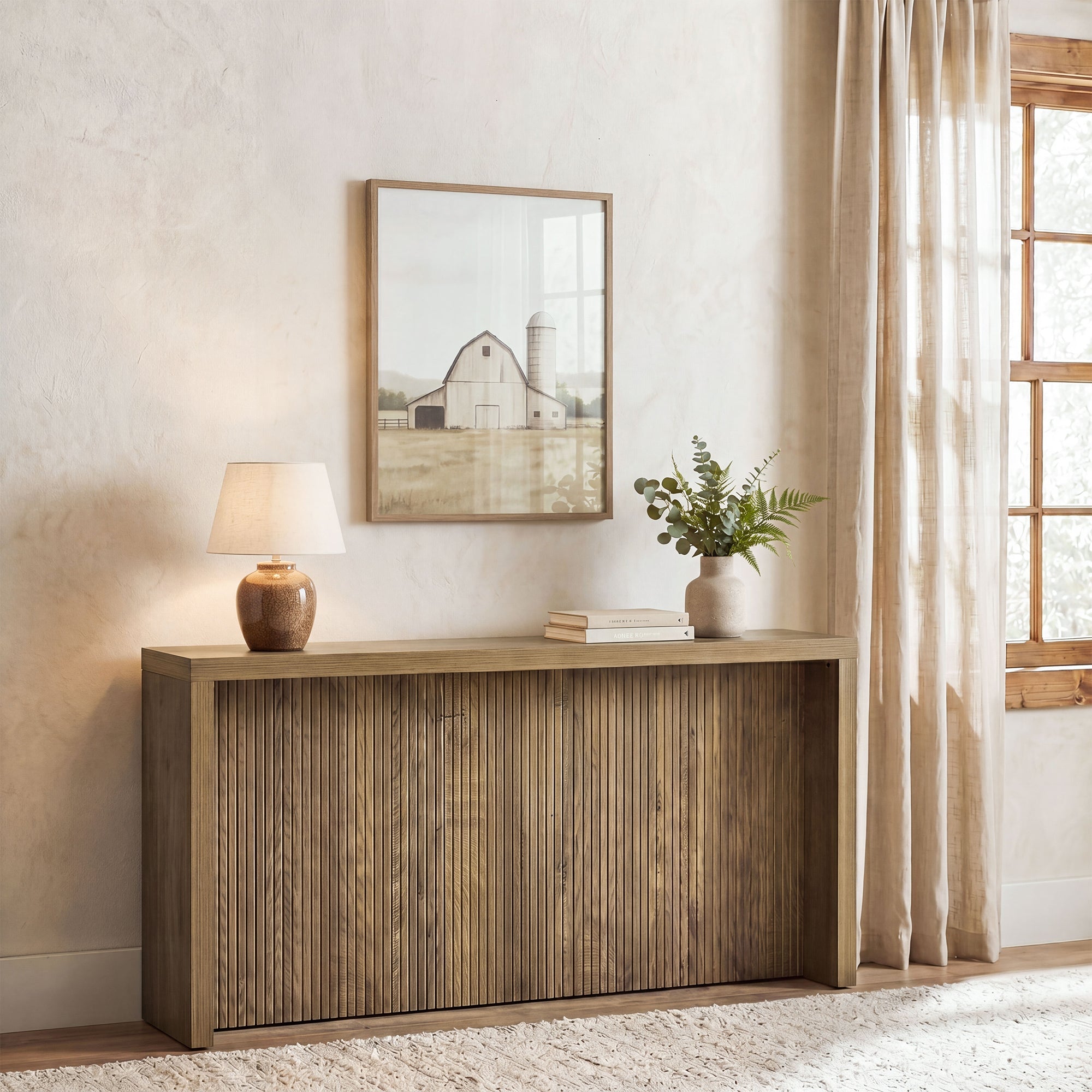 Console rustique de 160 cm, Table d'entrée en bois avec motif côtelé pour couloir