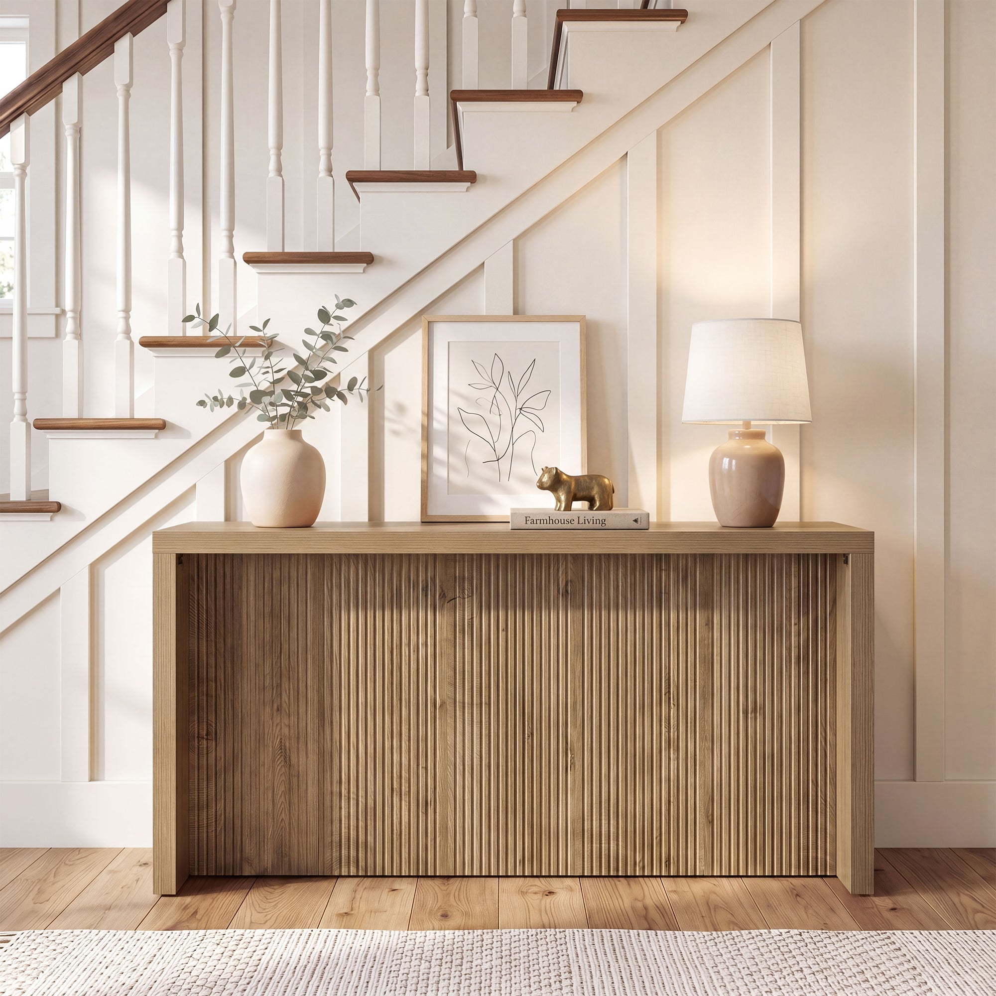Console rustique de 160 cm, Table d'entrée en bois avec motif côtelé pour couloir