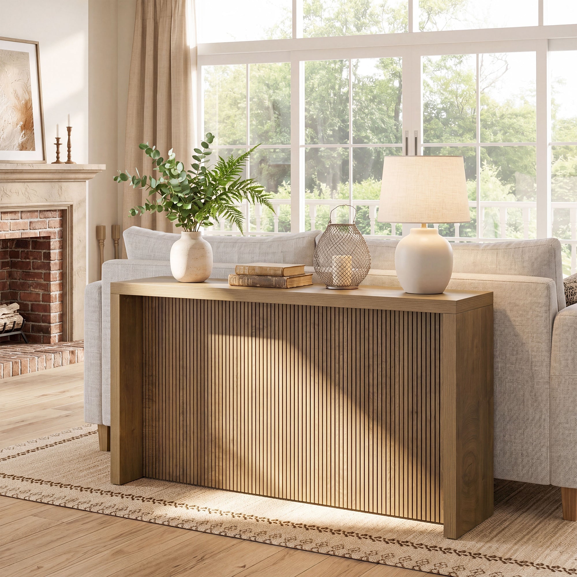 Console rustique de 160 cm, Table d'entrée en bois avec motif côtelé pour couloir