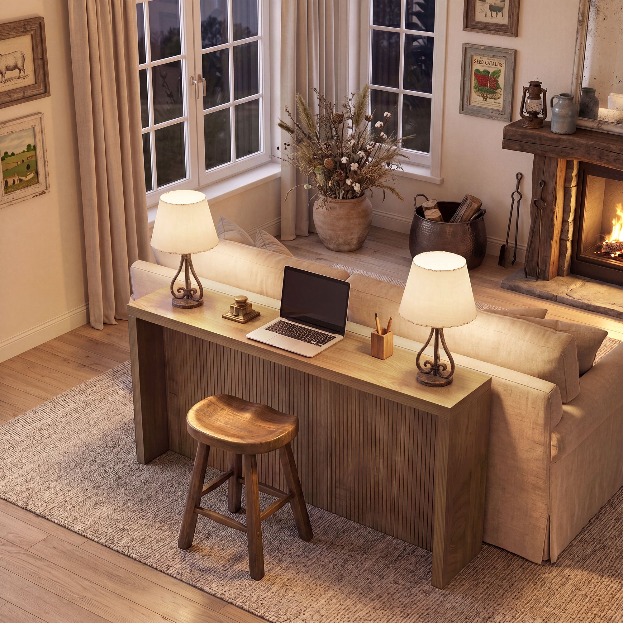 Console rustique de 160 cm, Table d'entrée en bois avec motif côtelé pour couloir