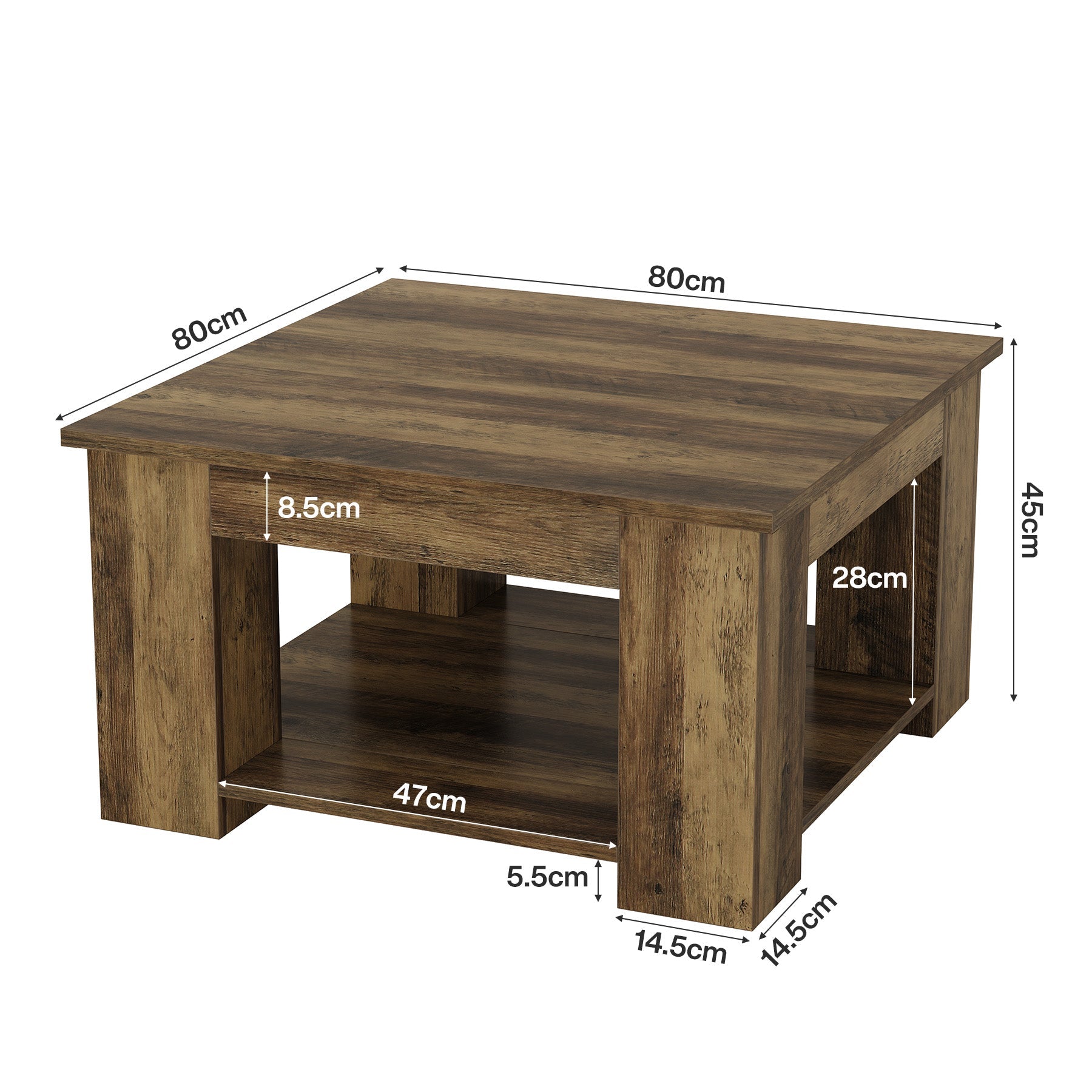 Tribesigns Table basse carrée de 80 cm, Table de salon à 2 niveaux avec rangement