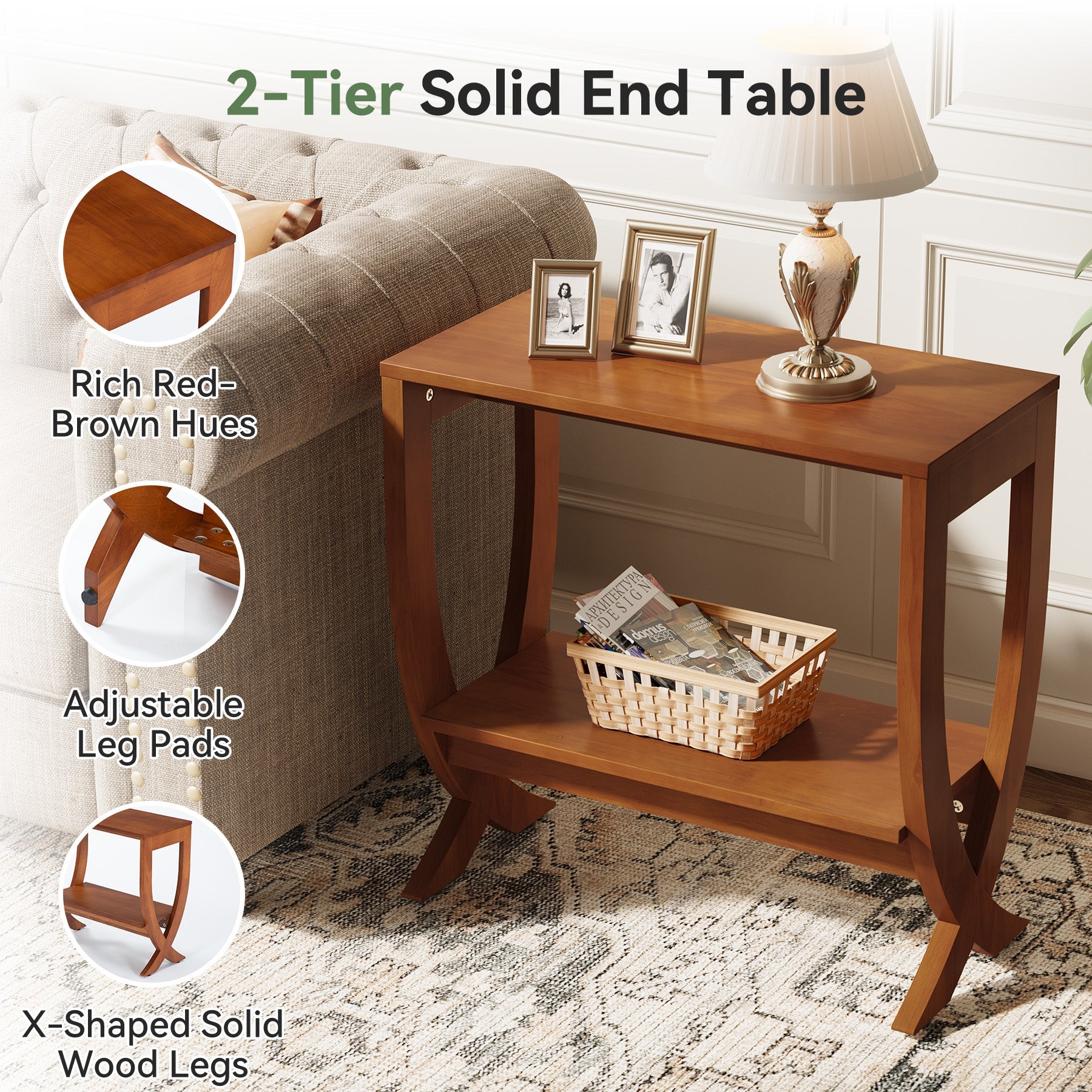 Table d'appoint en bois massif avec étagère, Table de chevet étroite à cadre arqué