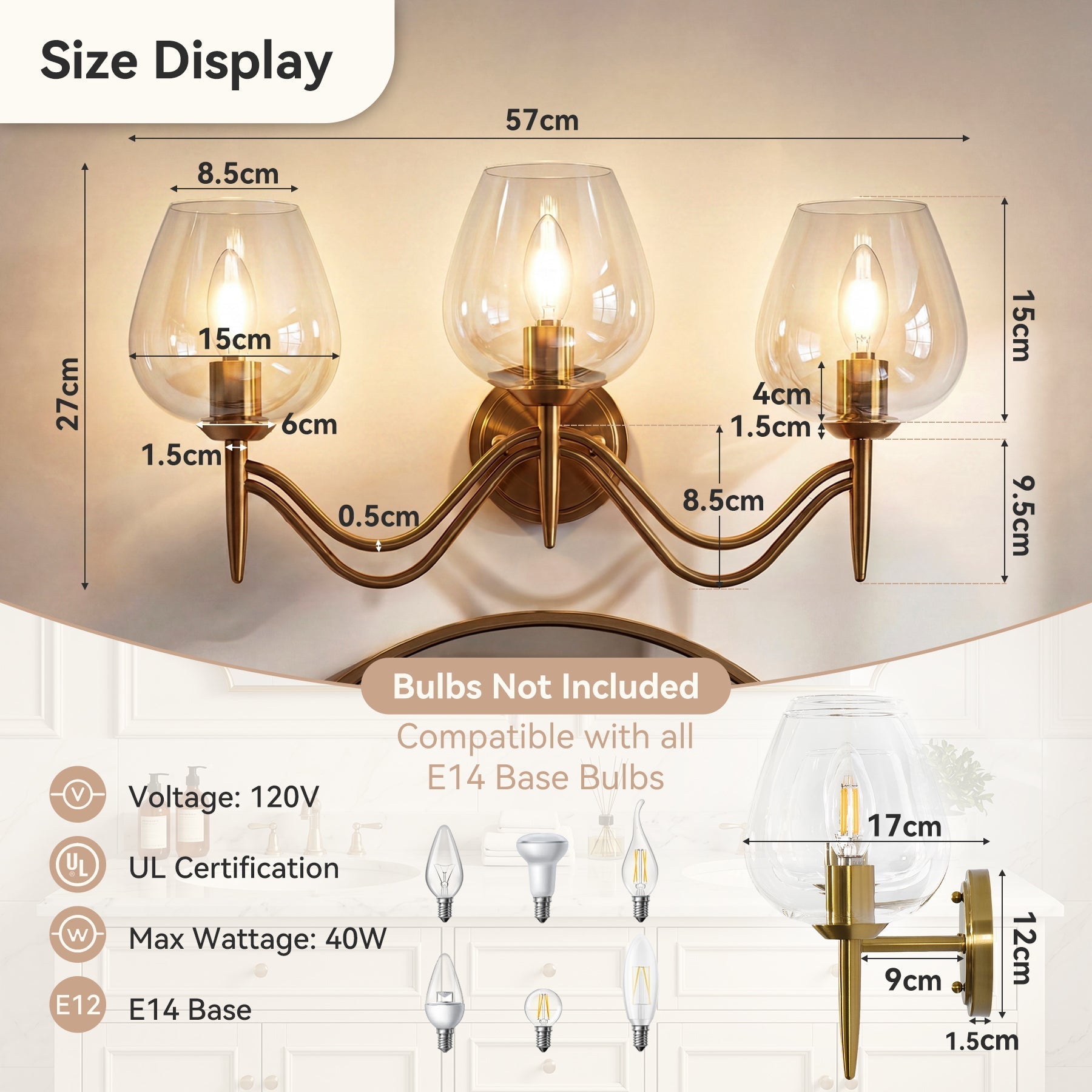 Applique murale de salle de bain à 3 lumières 58 cm en laiton avec miroir et verre transparent, douille E14