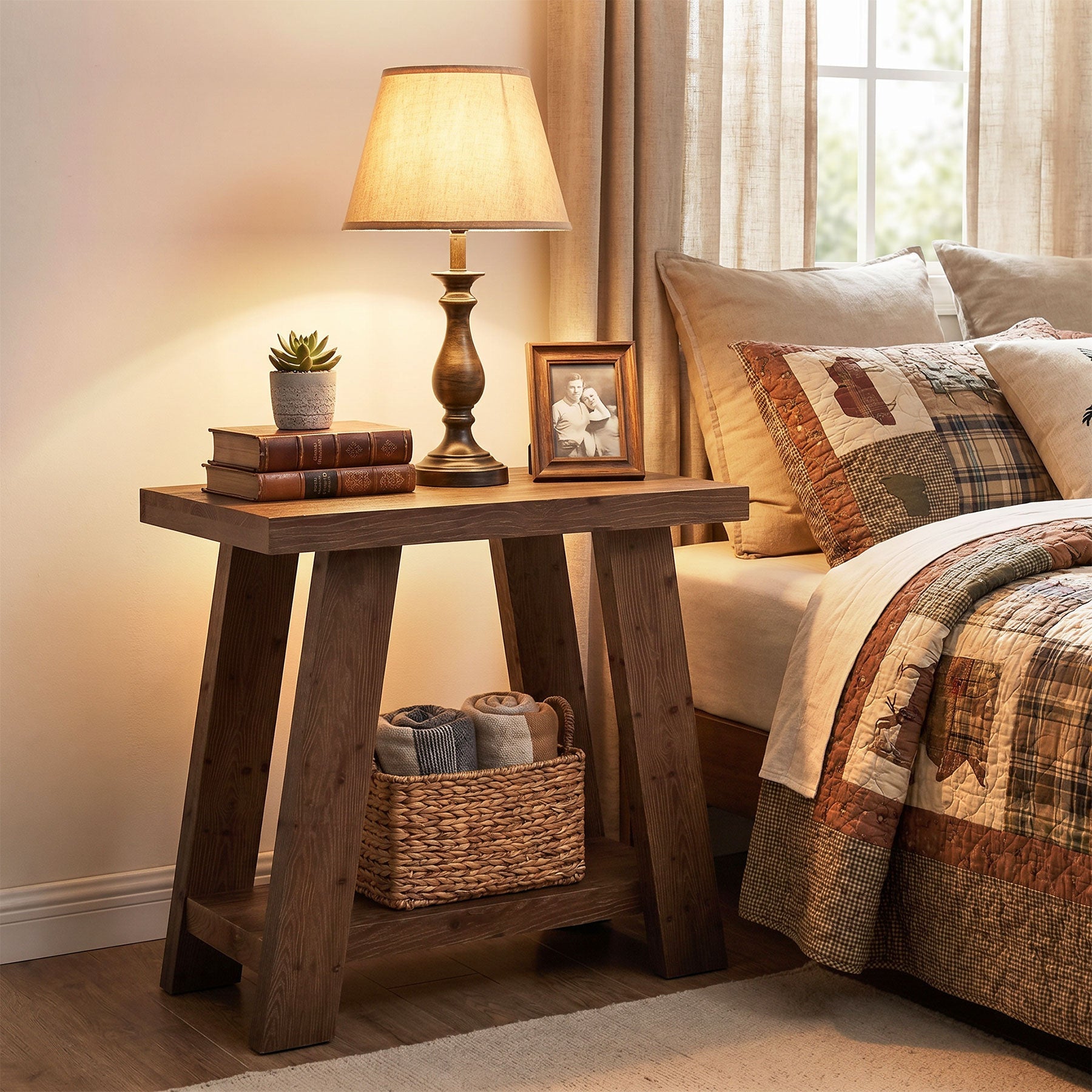 Table d'appoint en bois massif, Petite table de chevet à 2 niveaux Table de chambre moderne avec étagère