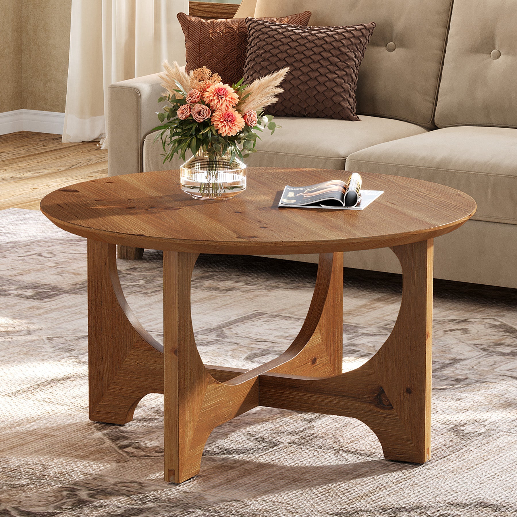 Tribesigns Table basse ronde en bois massif 80 cm, Style champêtre idéale pour les salons et les petits espaces
