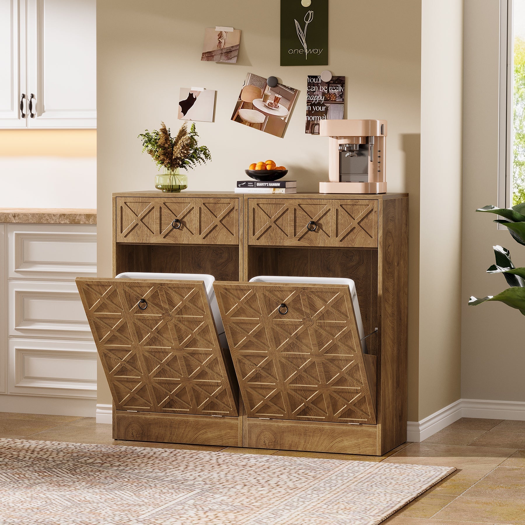 Tribesigns Poubelle en bois 49L avec tiroir caché et mécanisme d'inclinaison pour la cuisine