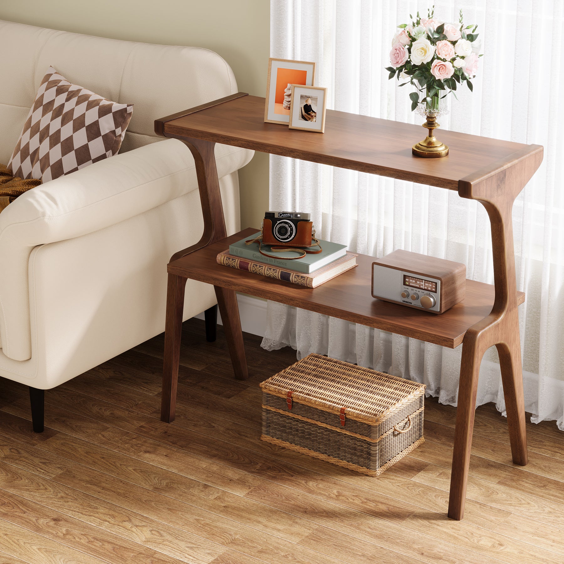 Tribesigns Table basse étroite, Table basse mince à 2 niveaux avec étagère de rangement