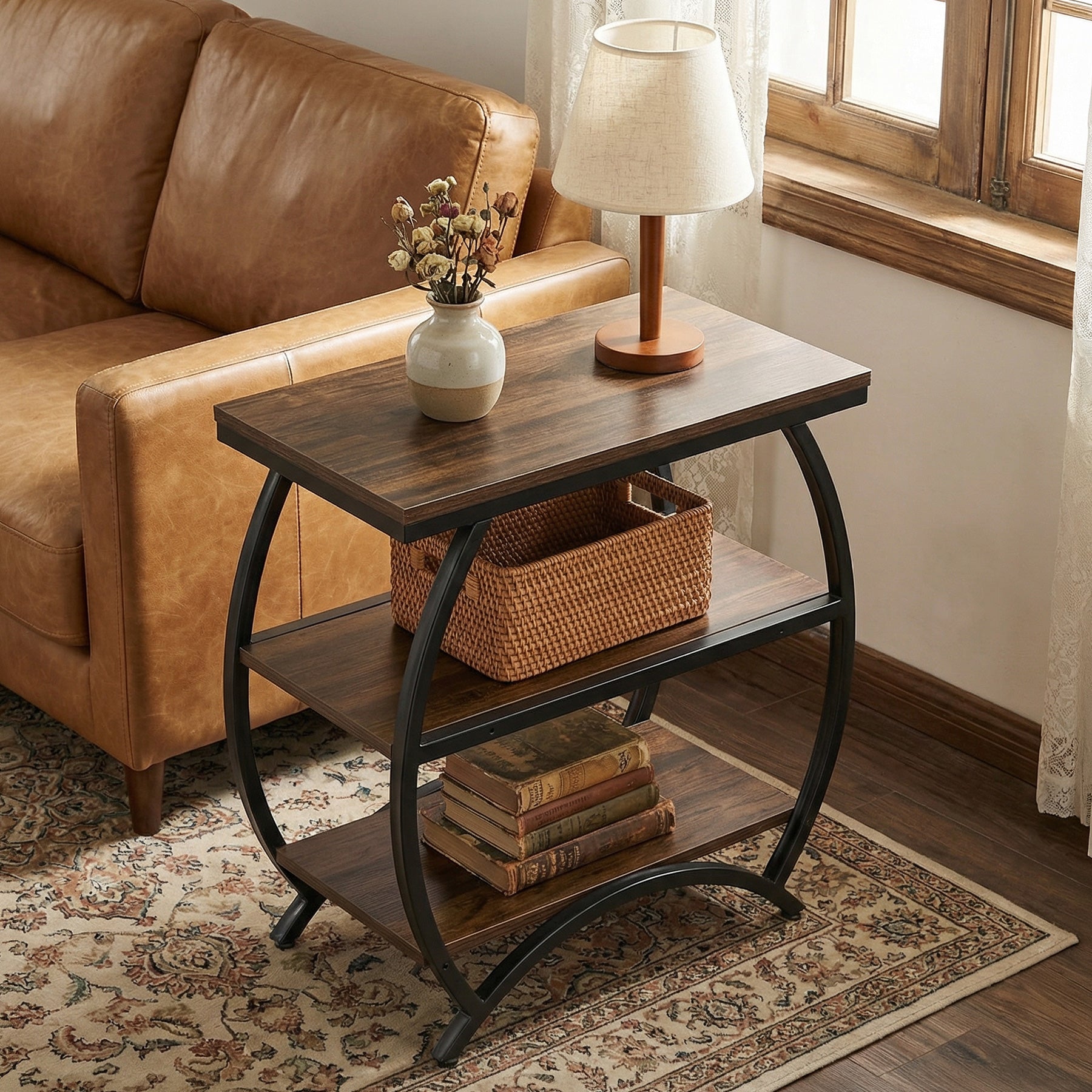 Tribesigns Table d'appoint étroite de 60 cm avec 3 niveaux de rangement, Table de chevet industrielle pour salon ou chambre
