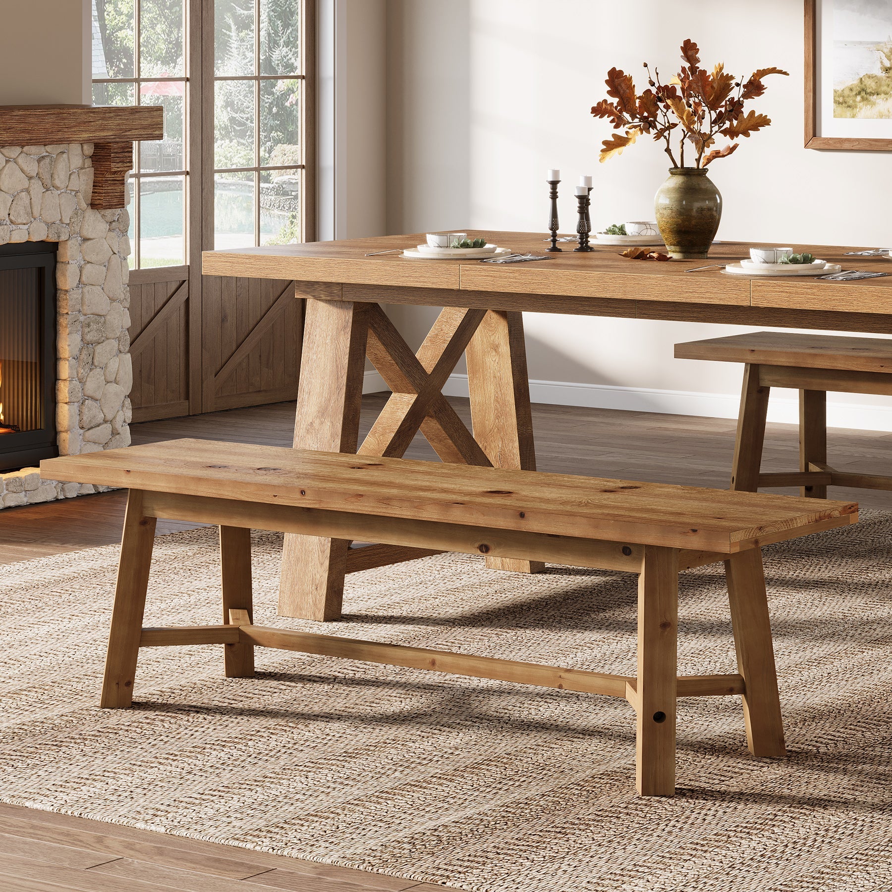 Banc en bois massif 140 cm, style champêtre, idéal pour une entrée, un rangement à chaussures ou une salle à manger