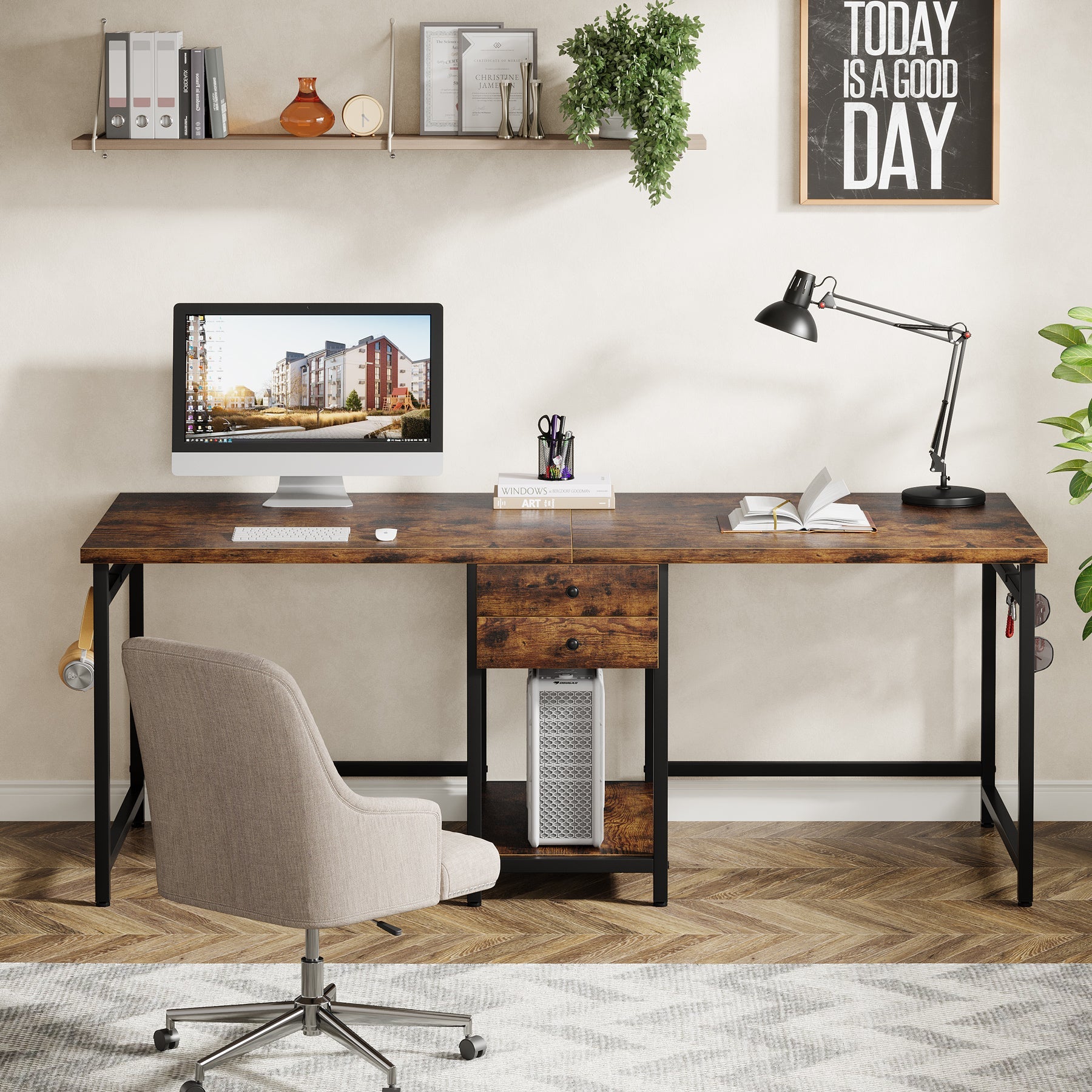 Tribesigns Bureau double de 200 cm avec 2 tiroirs et étagères, Bureau de travail industriel pour bureau et étude