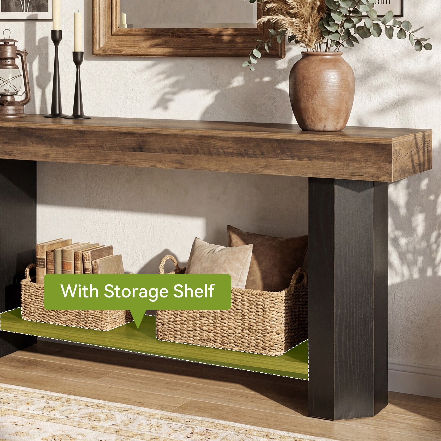 Console de 160 cm avec 2 étagères, Table d'entrée étroite de style industriel