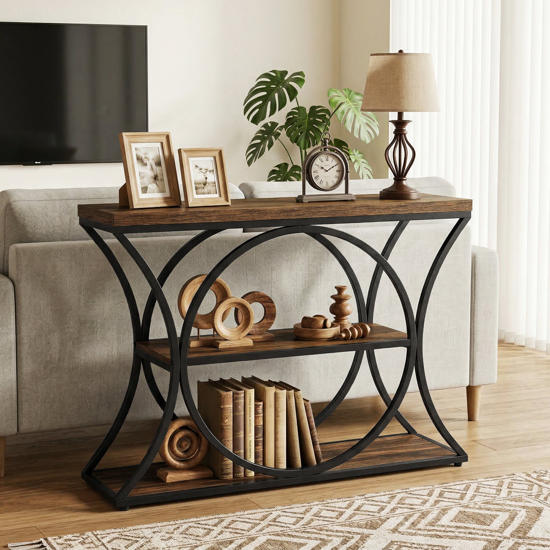 Tribesigns Console industrielle de 105 cm, Table d'appoint à 3 niveaux avec structure arquée