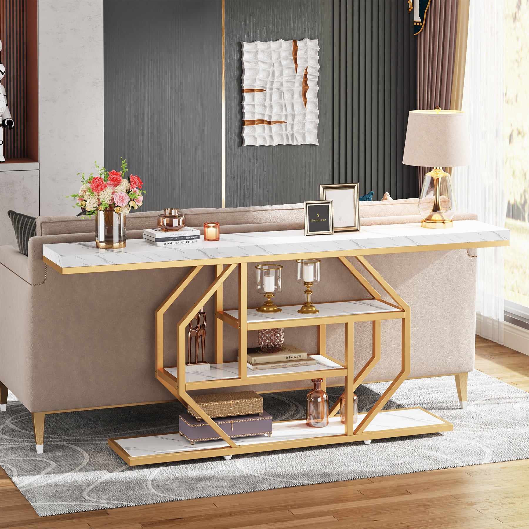 Tribesigns Table console 180 cm, Table d'entrée à 4 niveaux Table de canapé derrière le canapé