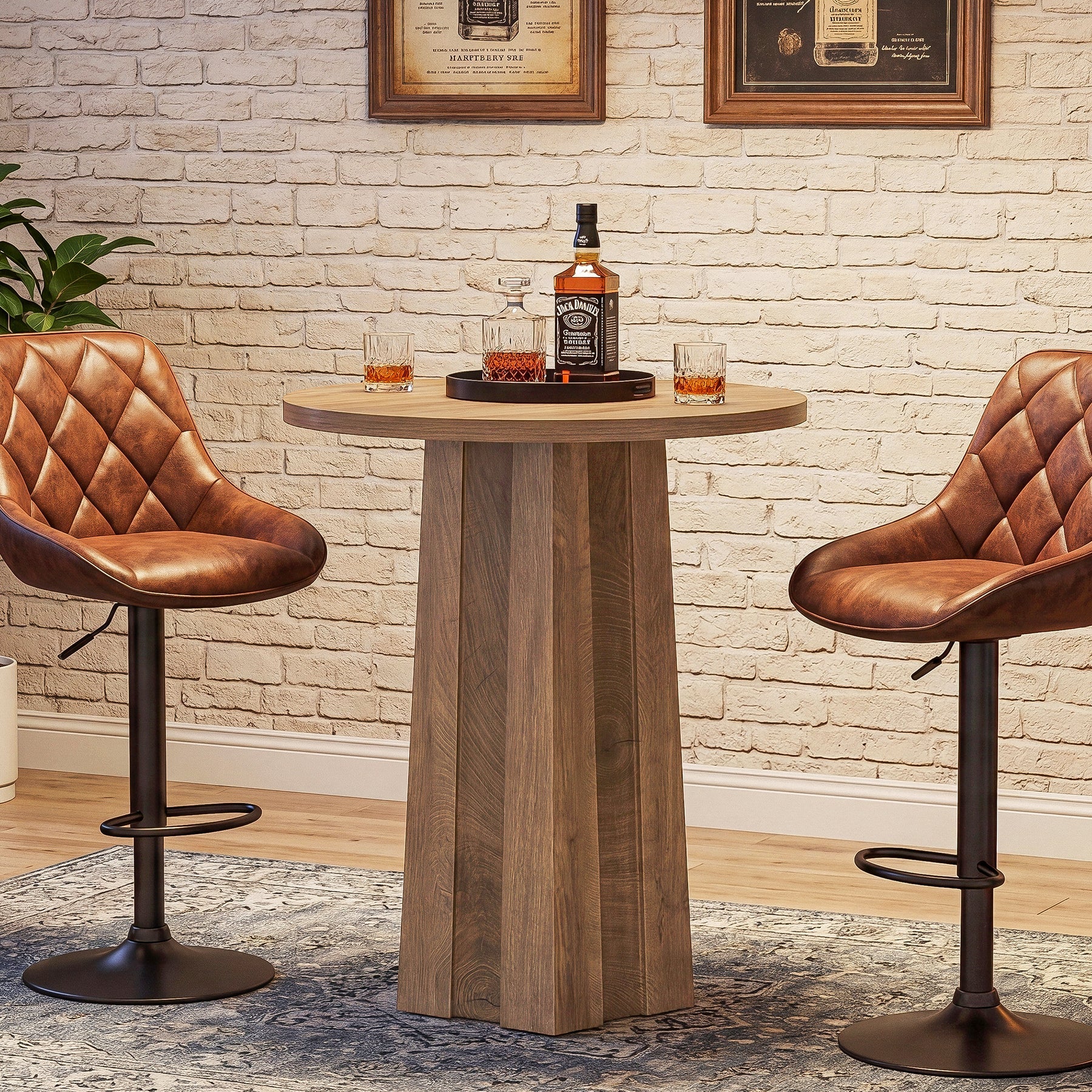 Table de bar ronde de 80 cm avec pied central rainuré, Table de bistrot moderne à hauteur de comptoir