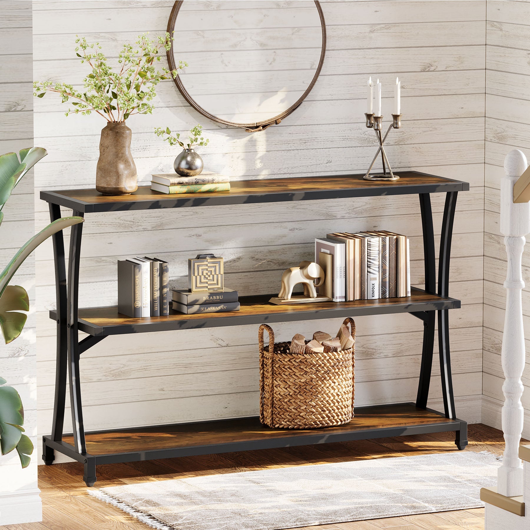 Tribesigns Console étroite de style industriel à 3 étagères, Table d'entrée et table basse aspect bois avec structure métallique robuste