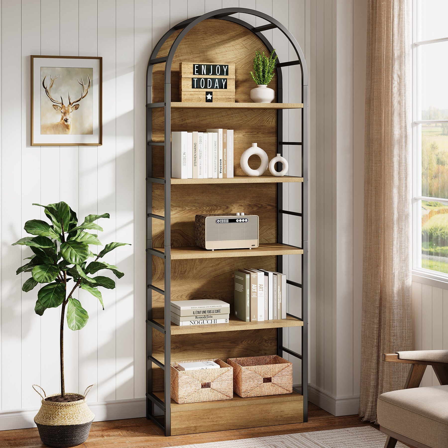 Tribesigns Bibliothèque 180 cm de haut, Étagère industrielle à 5 niveaux au design incurvé