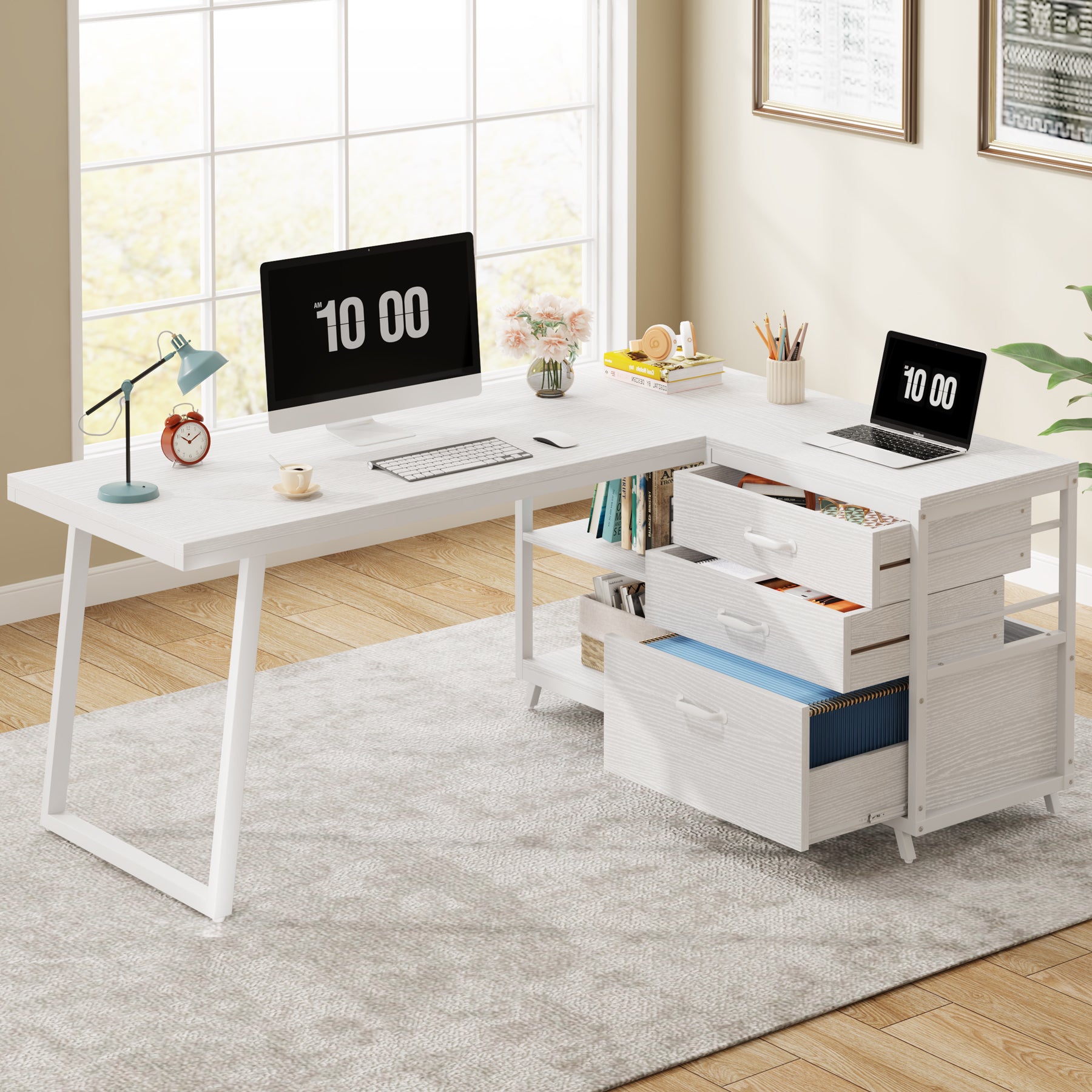 Tribesigns Bureau d'ordinateur en forme de L avec 3 tiroirs, Bureau d'angle réversible avec étagères
