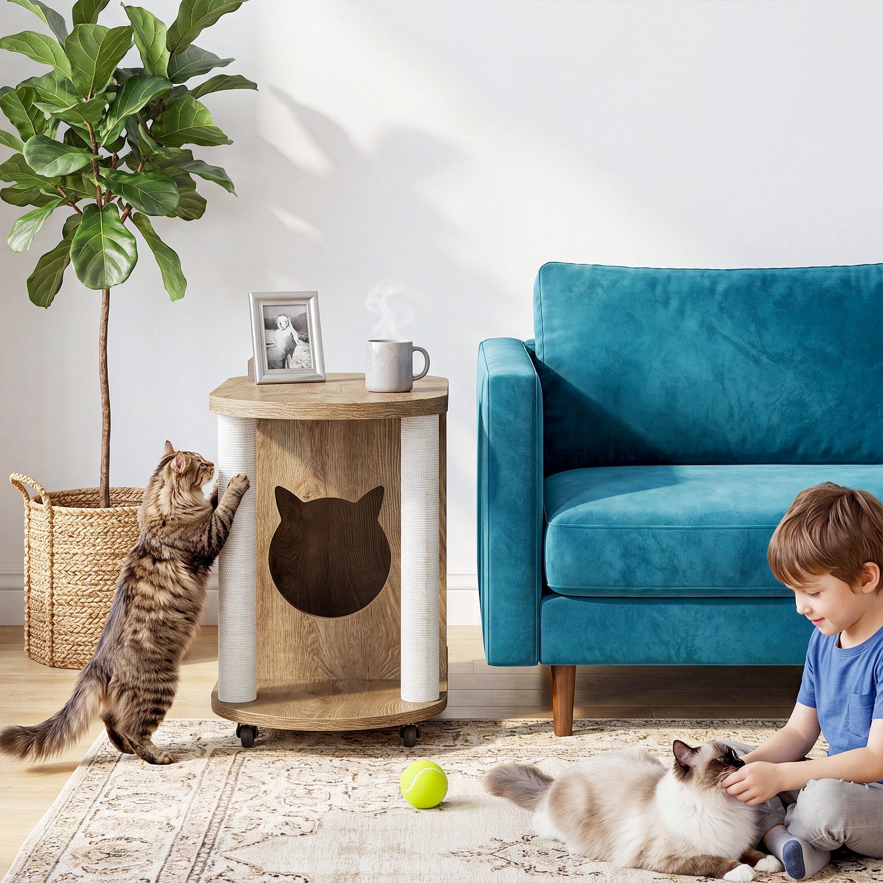 Tribesigns Maison pour chat avec griffoirs et table d'appoint, Table basse ovale sur roulettes avec cachette pour chat