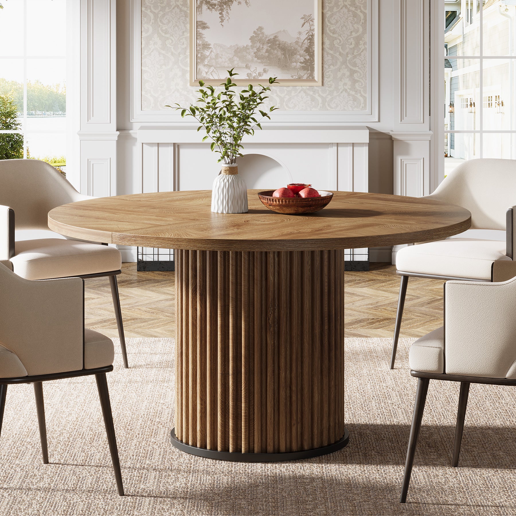 Tribesigns Table à manger ronde de 120 cm, Table de cuisine en bois avec base en métal rainuré robuste