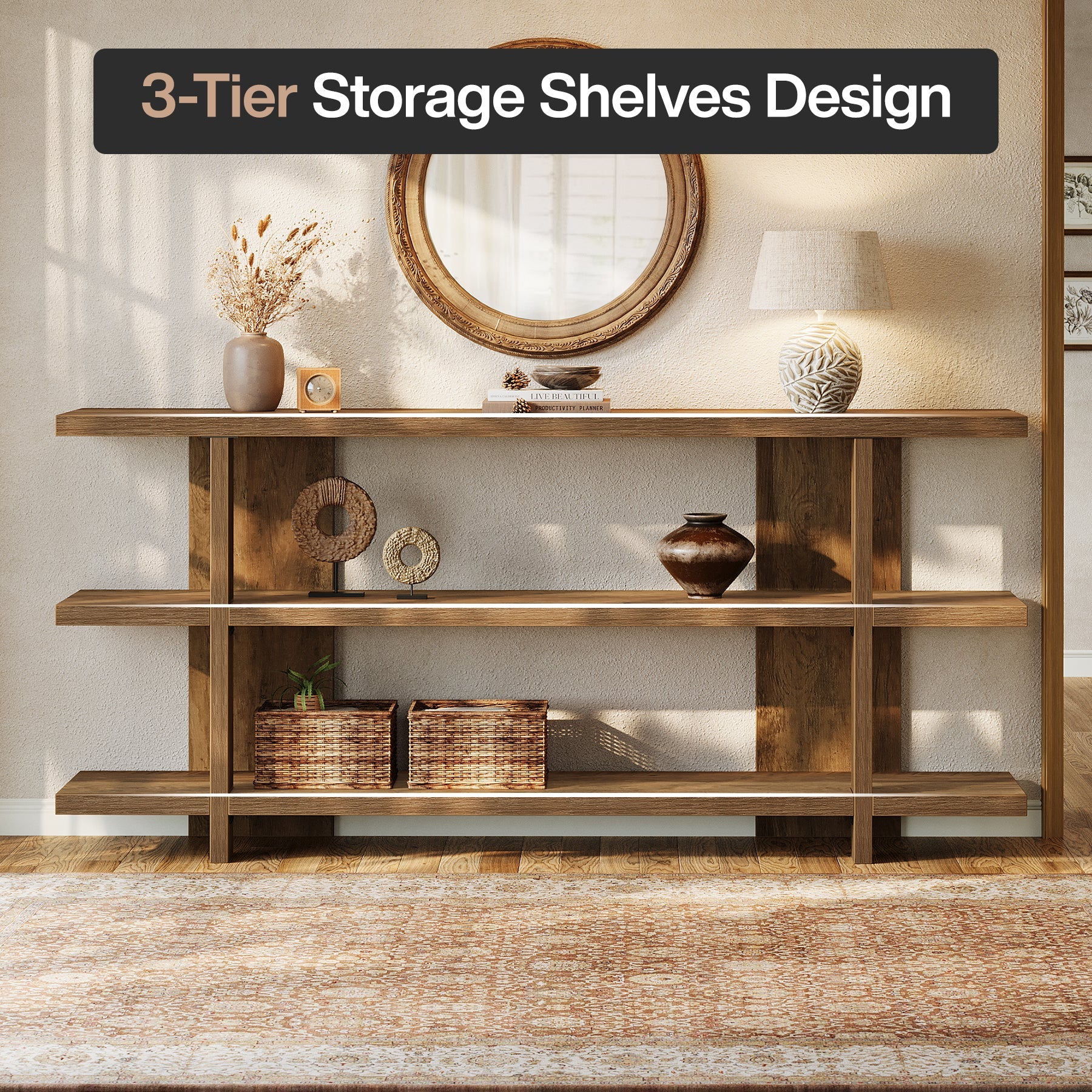 Tribesigns Console de 160 cm avec espace de rangement, Table d'entrée étroite en bois à 3 niveaux de style champêtre