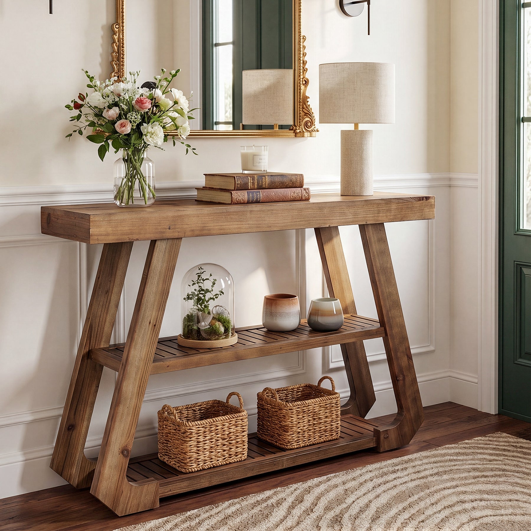 Tribesigns Console en bois massif de 105 cm avec 3 étagères, Style campagnard avec piètement en A