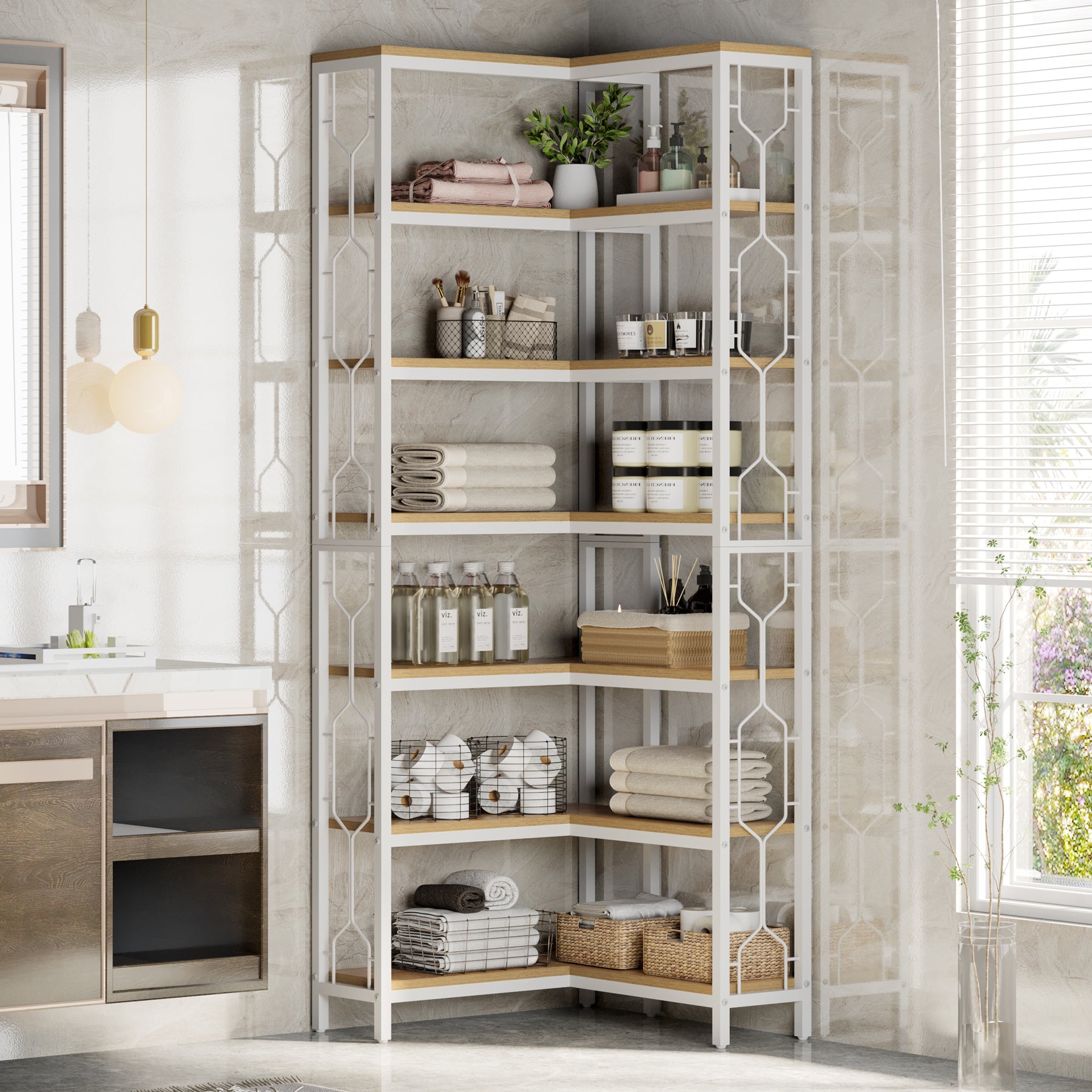 Tribesigns Étagère d'angle en bois et métal, Bibliothèque industrielle à 7 niveaux