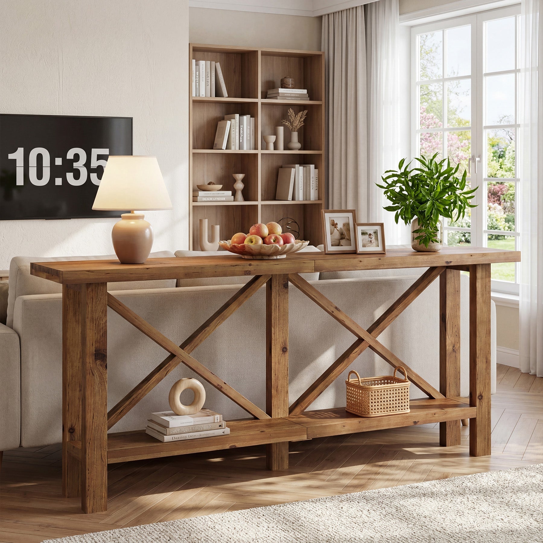 Console étroite de 180 cm, Table d'entrée à 2 niveaux en bois massif