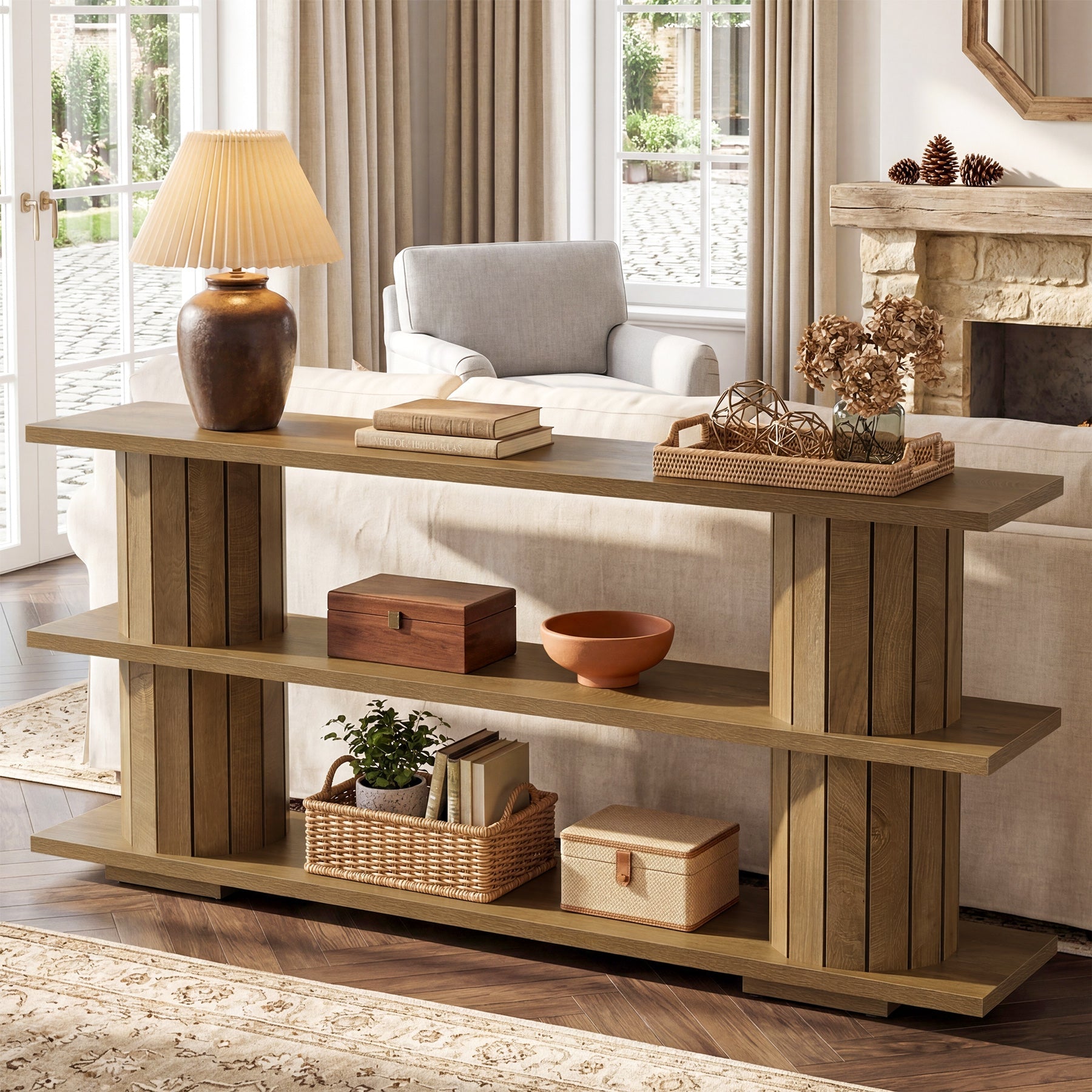 Tribesigns Console de 160 cm avec étagères de rangement à 3 niveaux, Longue table d'entrée pour salon et hall d'entrée