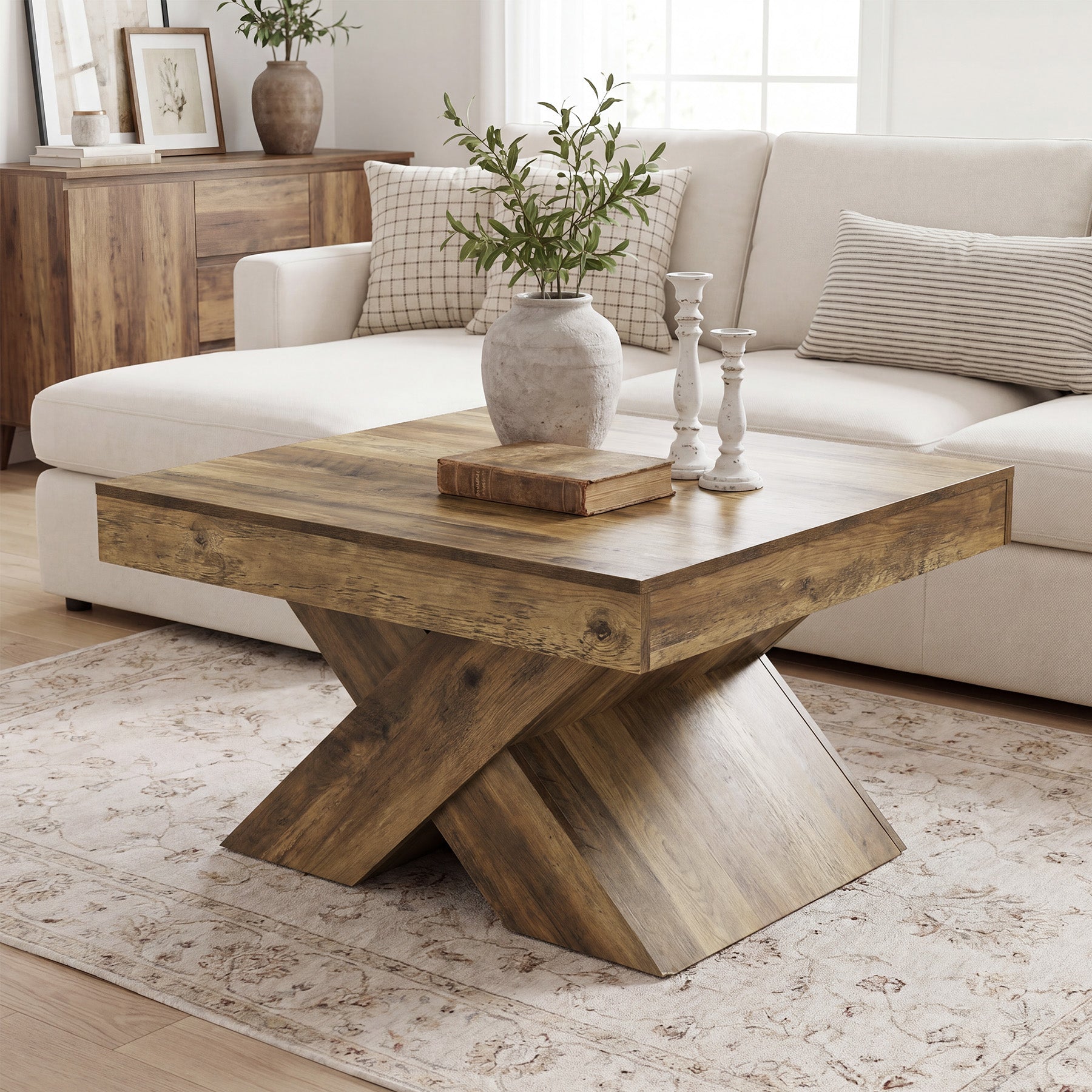 Table basse carrée 80 x 80 cm, Table de ferme en bois avec piètement en X pour salon et petits espaces