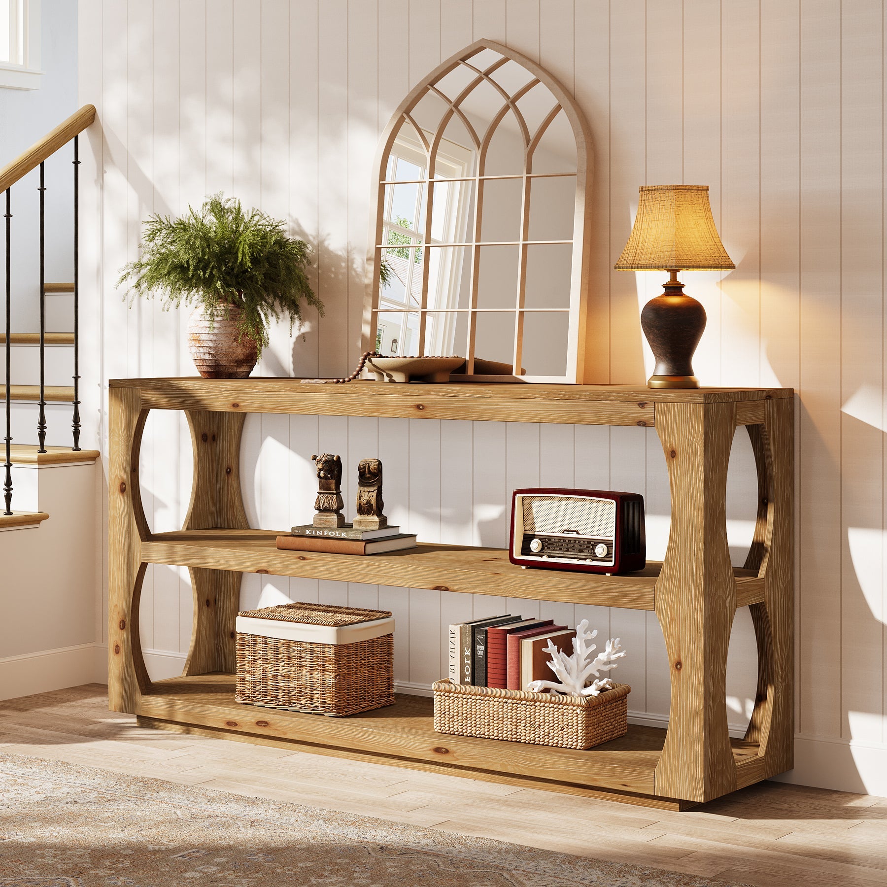 Tribesigns Console de 160 cm en sapin massif, Table d'entrée étroite à 3 étagères style champêtre