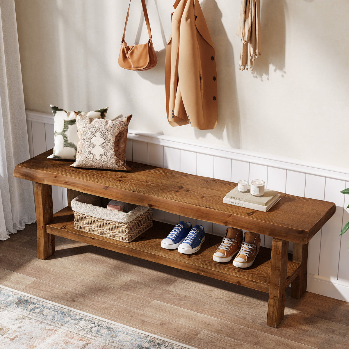 Tribesigns Banc à chaussures en bois massif (140 cm) avec étagère, Style maison de campagne pour 2 à 3 personnes