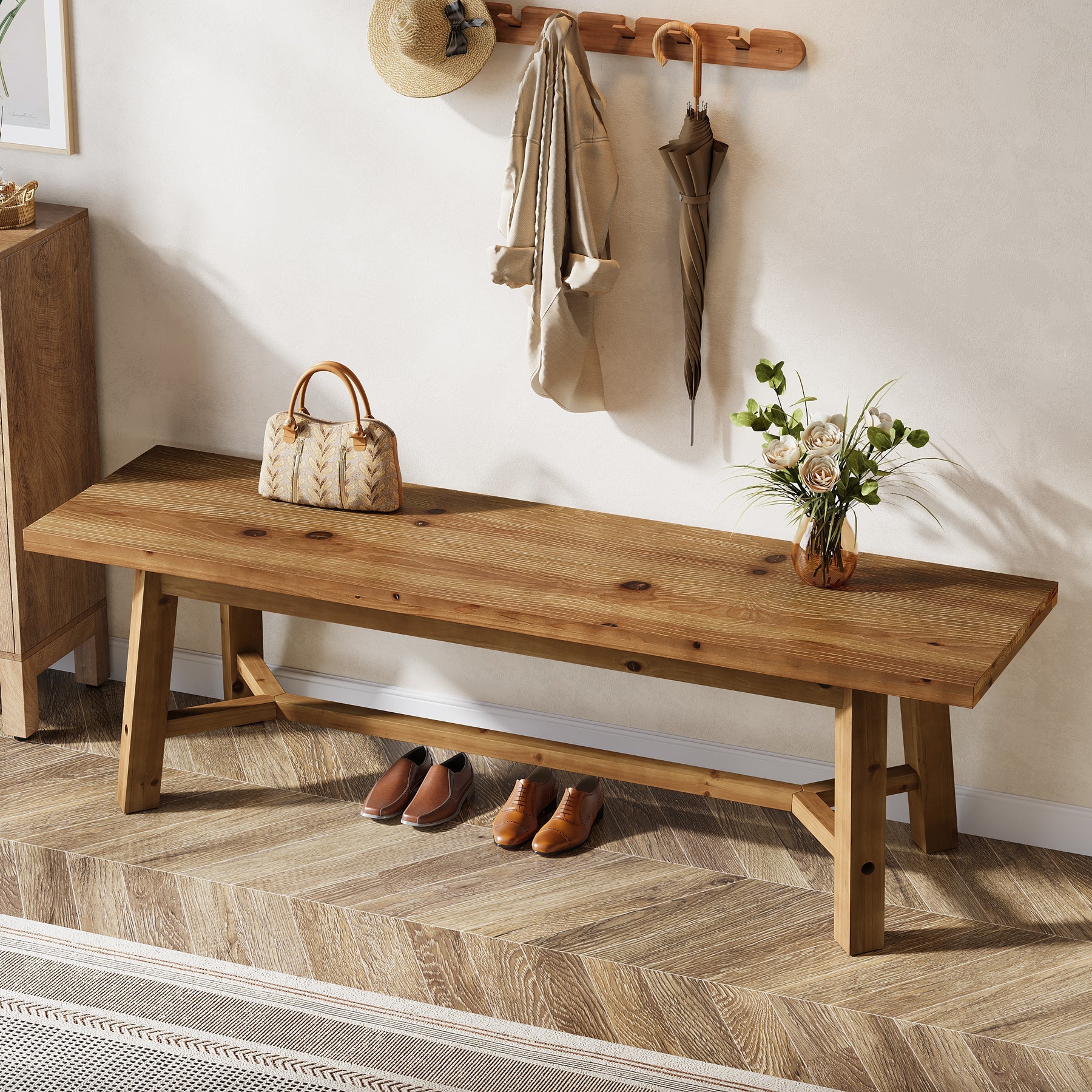 Banc en bois massif 140 cm, style champêtre, idéal pour une entrée, un rangement à chaussures ou une salle à manger