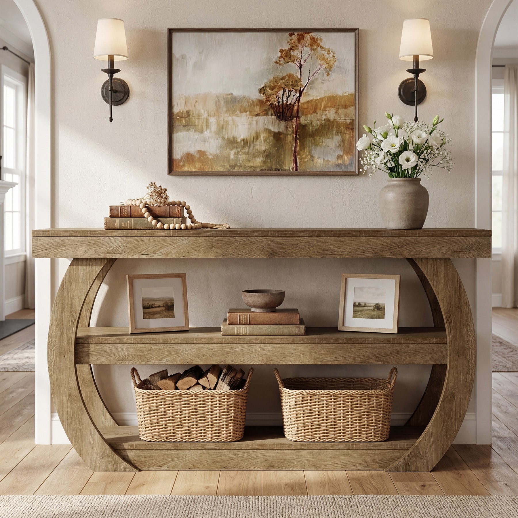 Tribesigns Table console style ferme (160 cm), Table d'entrée en bois à 3 niveaux avec étagère de rangement