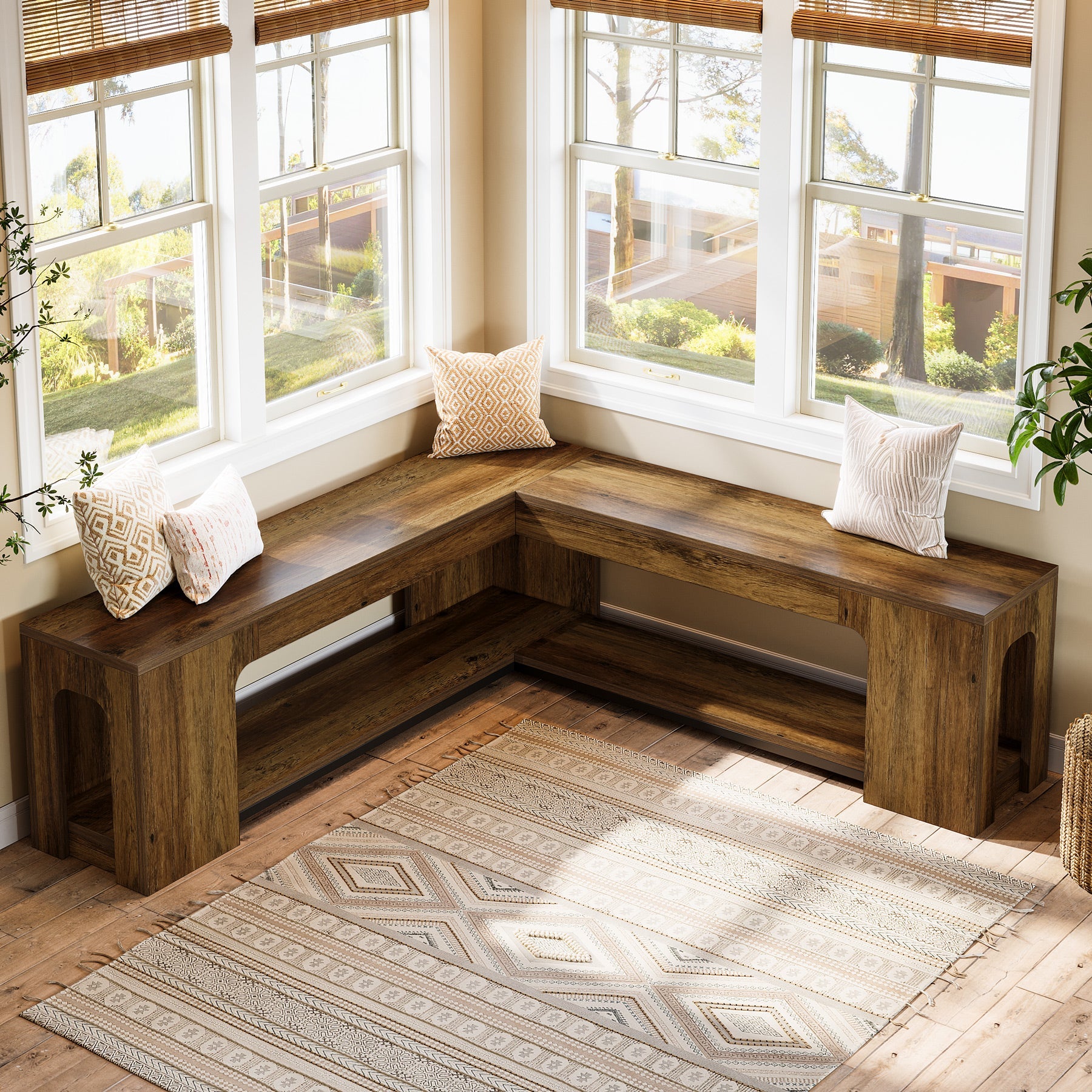 Tribesigns Banc d'angle en L avec coussin d'assise 120 cm, Banc de style ferme avec étagère à chaussures et espace de rangement ouvert