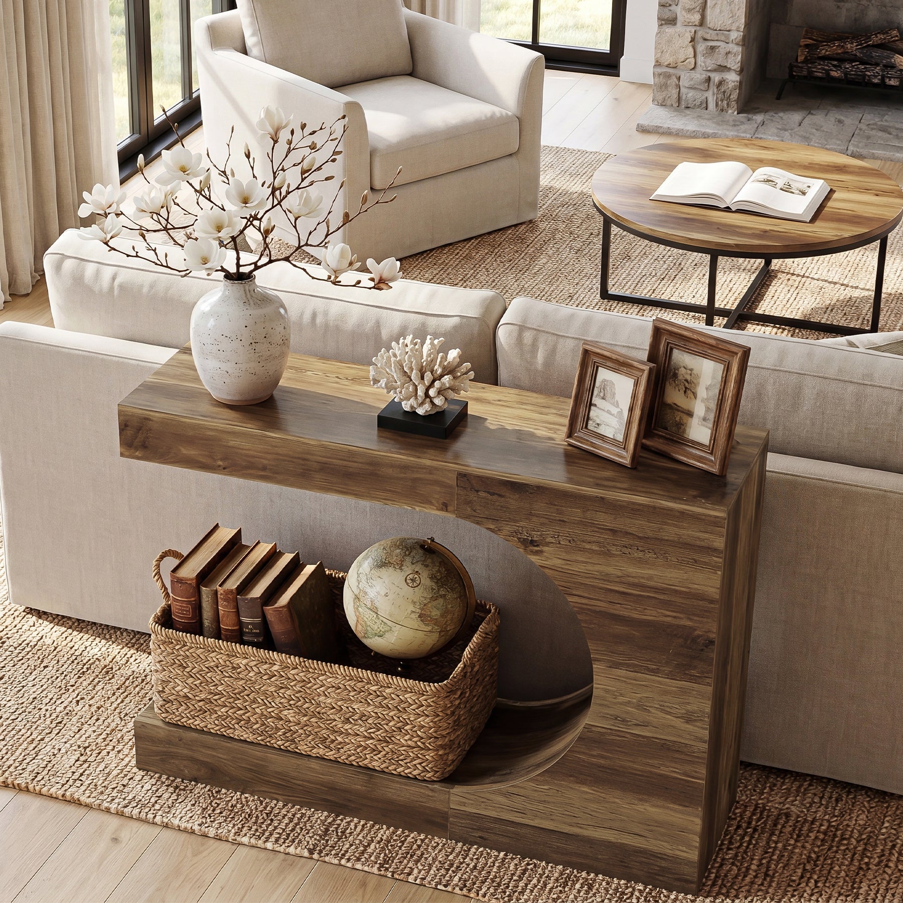 Tribesigns Console 100 cm, Table d'entrée en forme de C avec 2 étagères, style campagne moderne