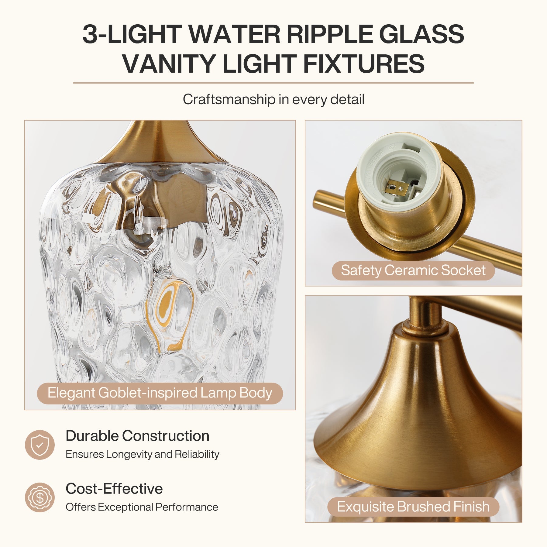 Tribesigns Applique murale LED à 3 lumières pour salle de bain, Dorée avec verre texturé douille E27 éclairage miroir