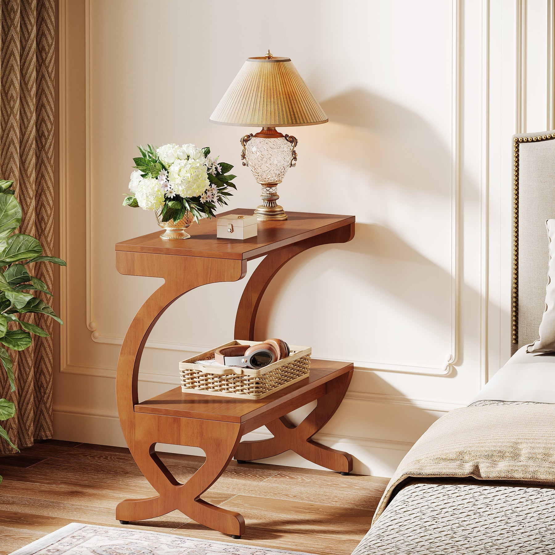Tribesigns Table d'appoint en bois massif avec étagère, Table de chevet étroite à 2 niveaux de style mid-century
