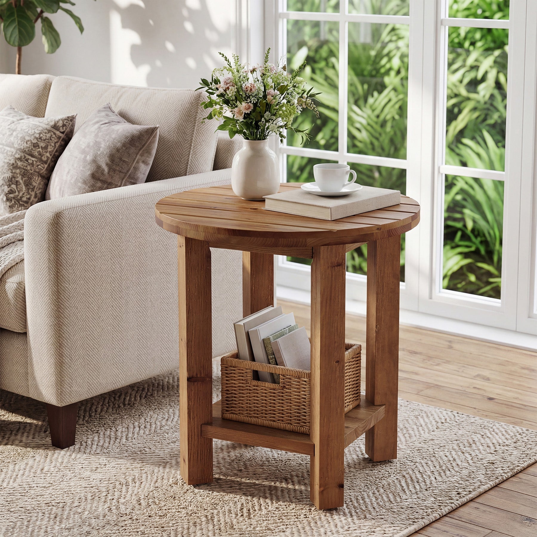 Table de chevet ronde de 50 cm, Table à 2 niveaux pour chambre à coucher