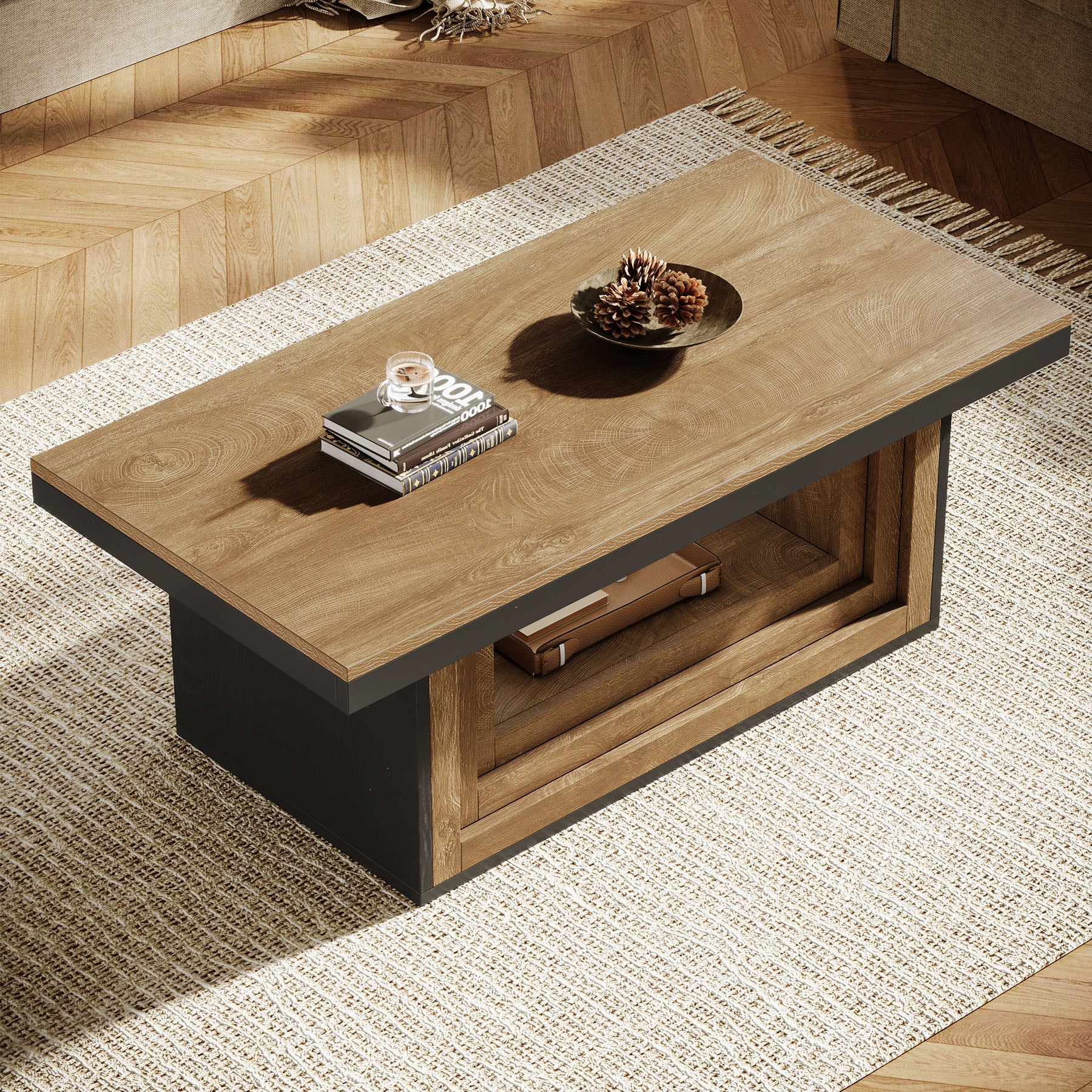 Tribesigns Table basse rectangulaire de 120 cm de style champêtre, Table de salon avec étagère et motif côtelé