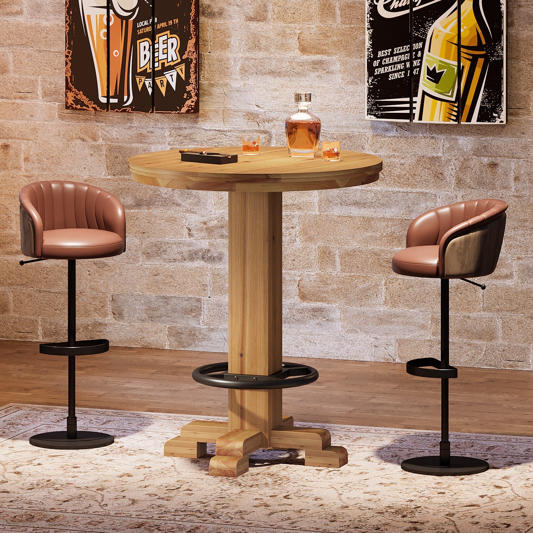 Table de bar ronde en bois massif, Table de bistrot de 95 cm de haut avec repose-pieds en métal
