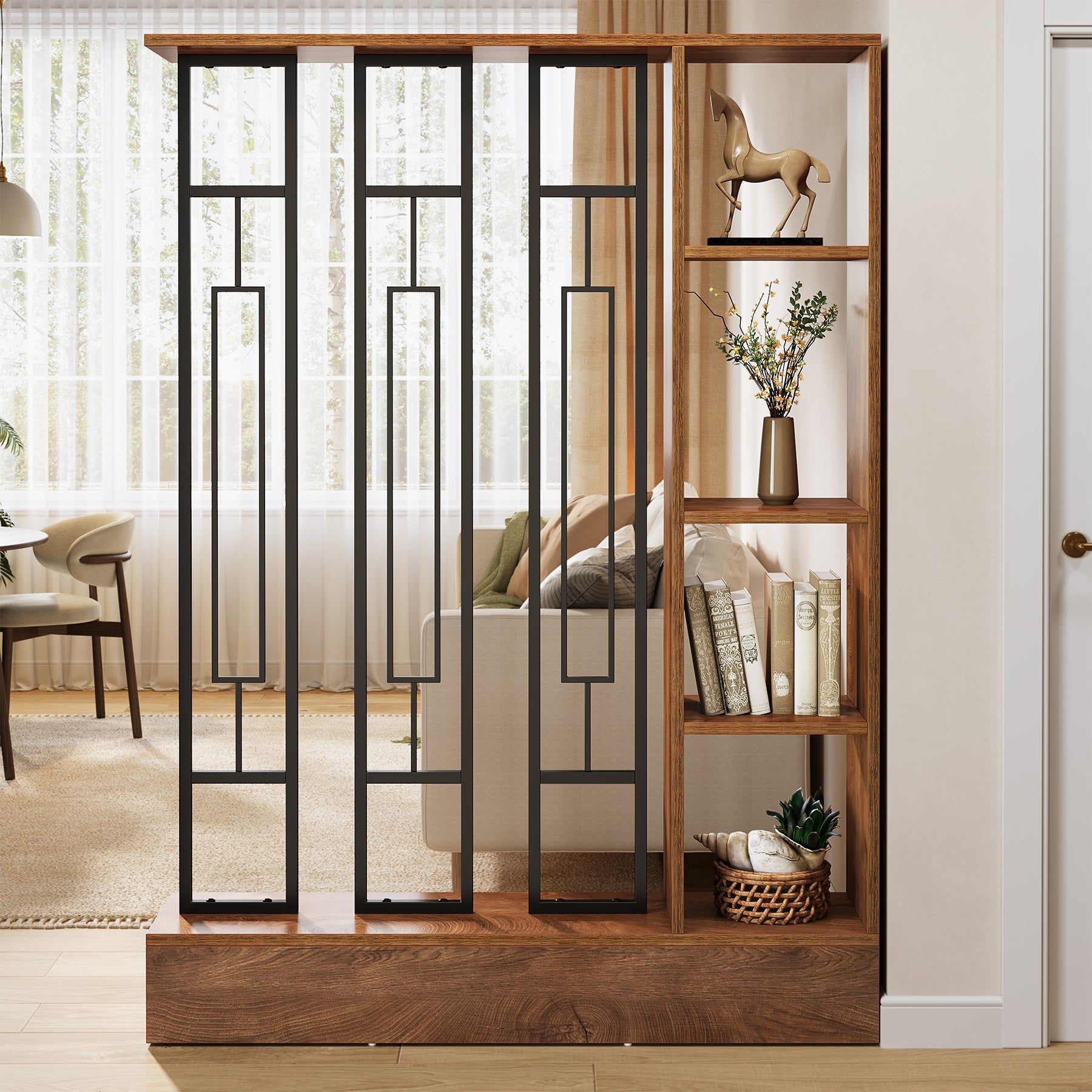 Paravent autoportant de 120 cm en bois et métal, Écran d'intimité avec étagères