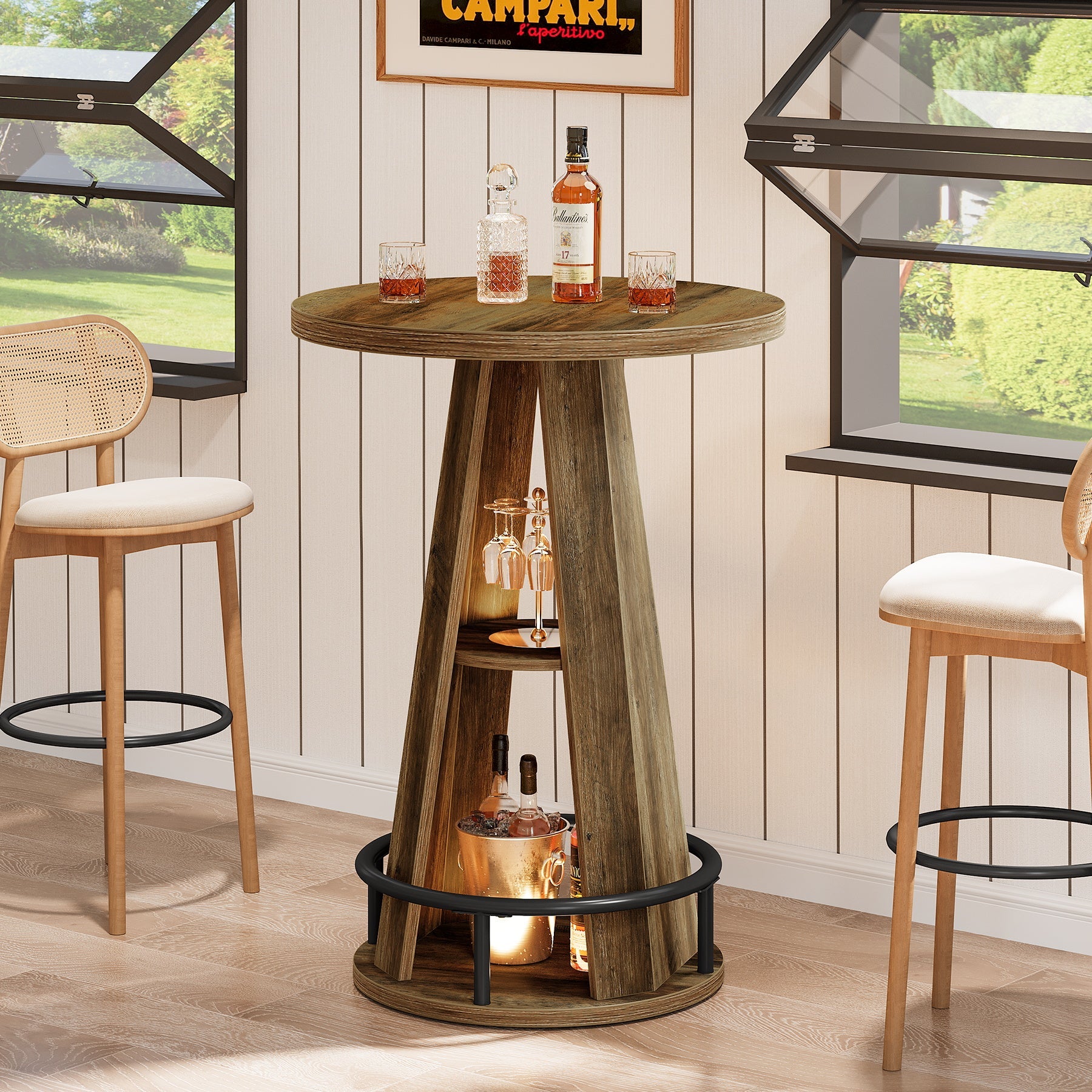 Tribesigns Table de bar ronde de 100 cm avec rangement, Table bistro industrielle pour salon, bar, petits espaces