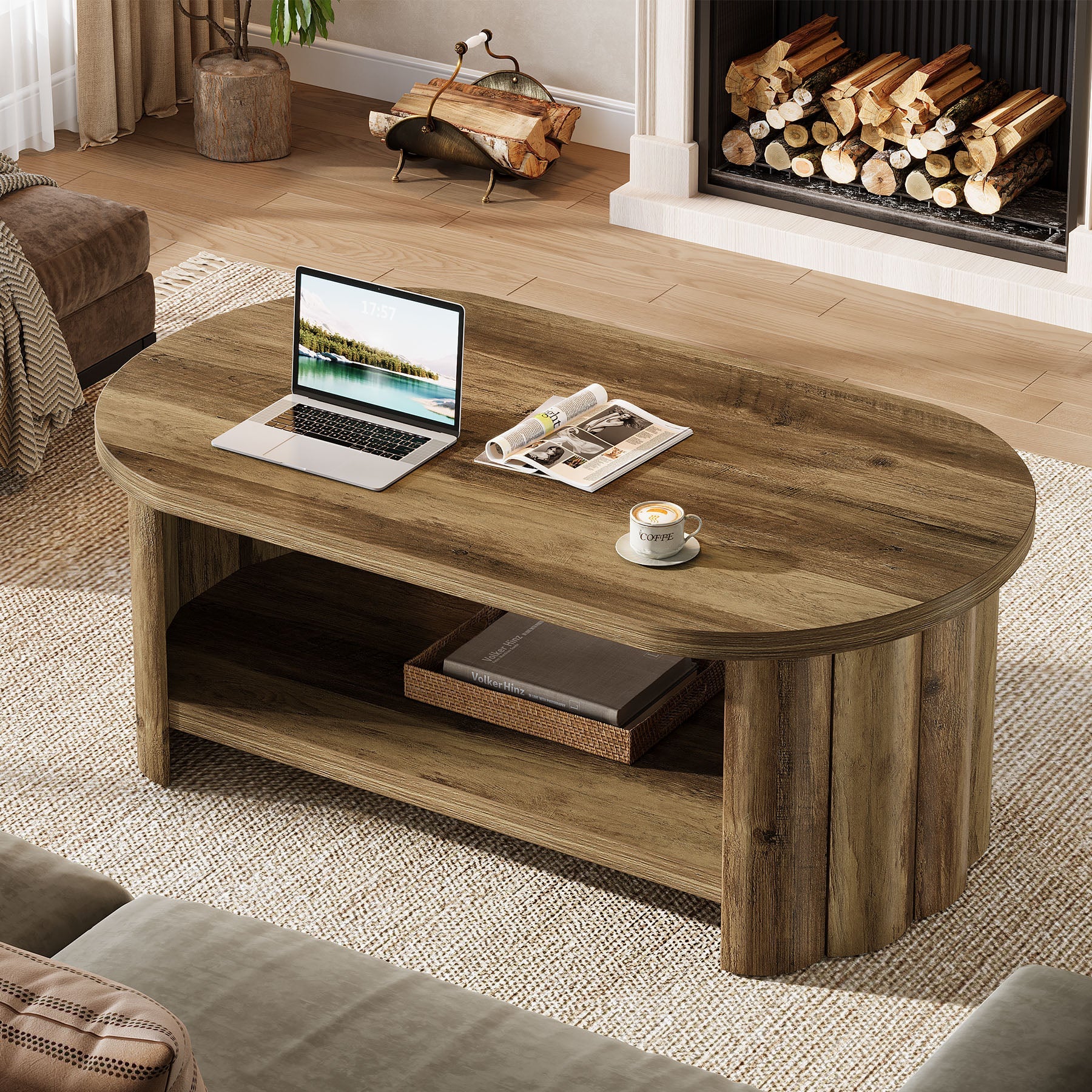 Tribesigns Table basse ovale 120 cm avec compartiment de rangement, Table de salon maison de campagne avec pied rainuré