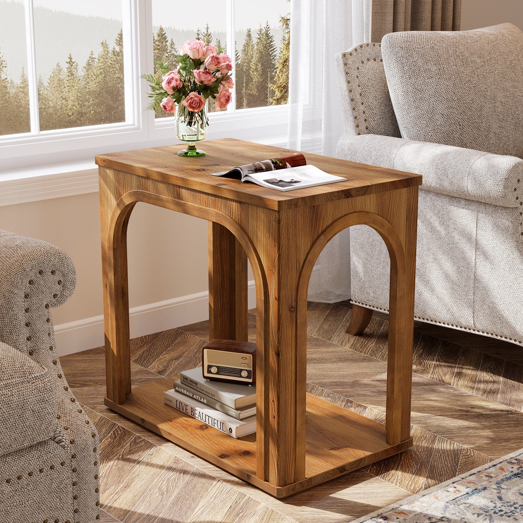 Table d'appoint rustique en bois massif de 64 cm avec 2 étagères