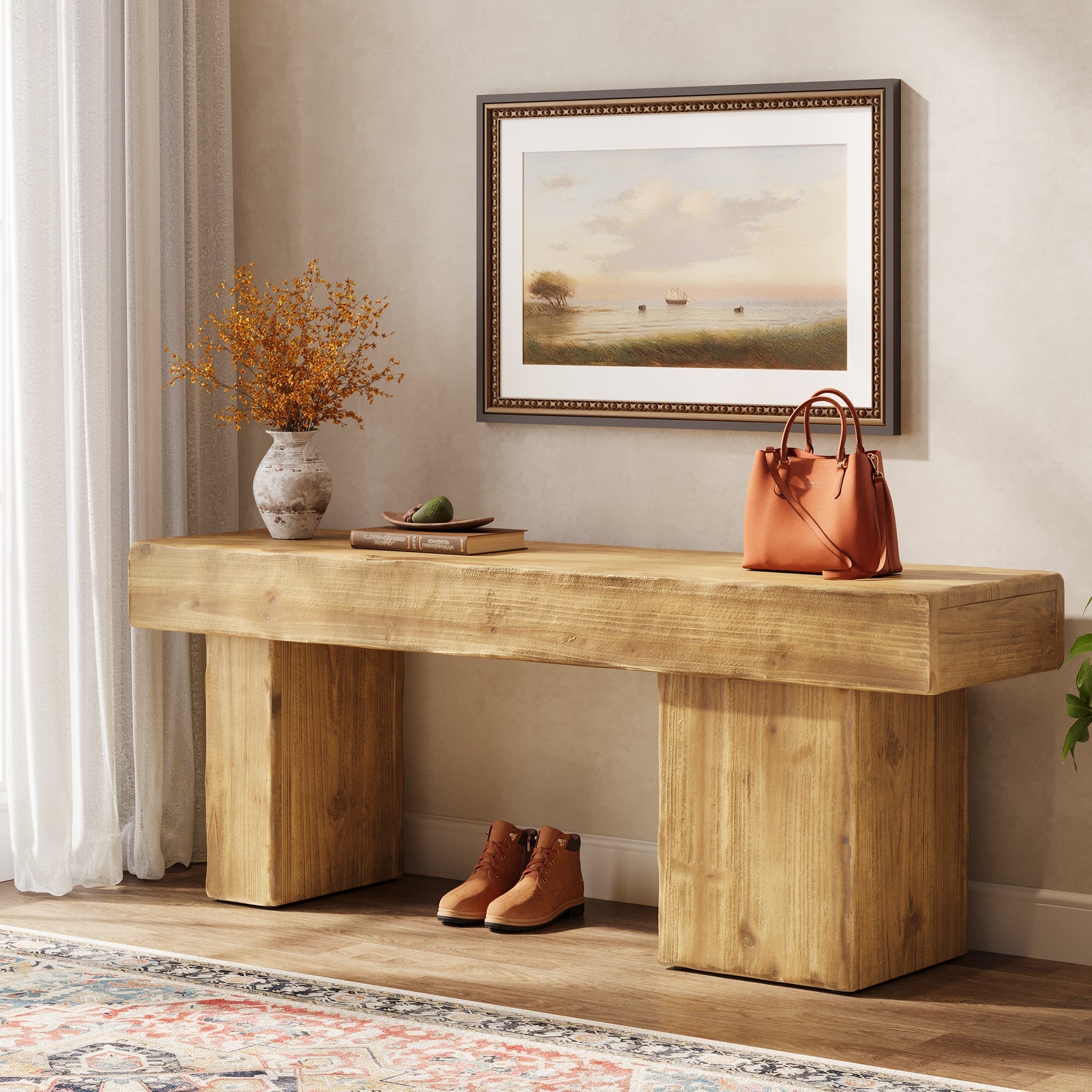 Banc d'entrée en bois massif de 119 cm, Style rustique avec assise épaisse