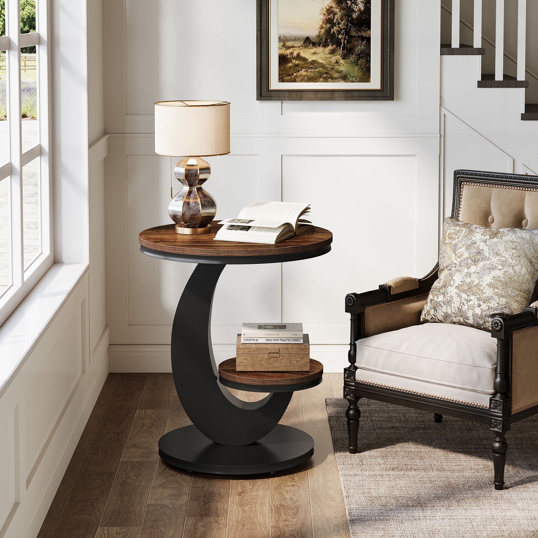 2 Tiers End Table, Sofa Side Bedside Table Nightstand with Arc-Shaped Frame