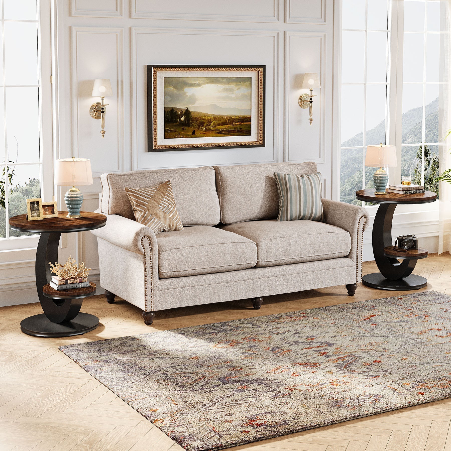 2 Tiers End Table, Sofa Side Bedside Table Nightstand with Arc-Shaped Frame